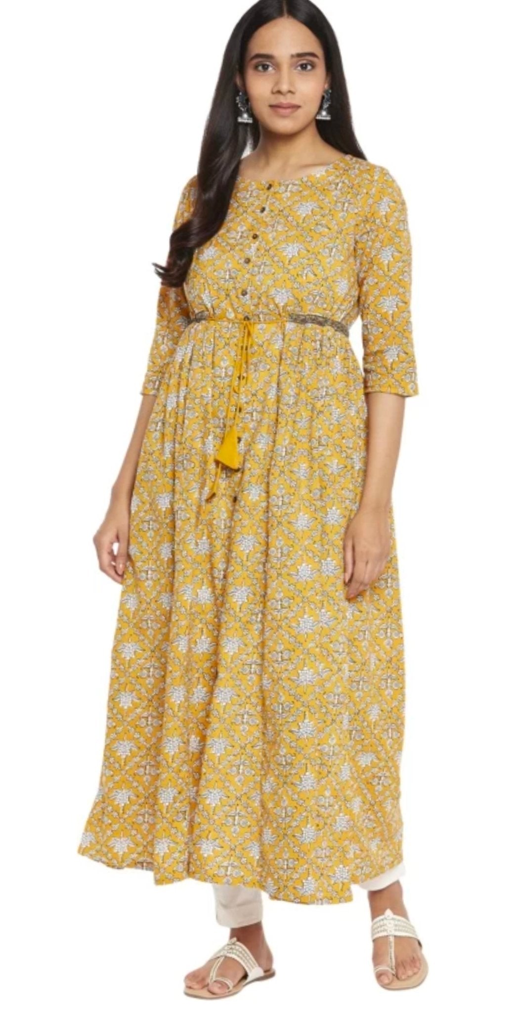 RANGMANCH-Yellow Printed Pure Cotton Flared Kurta
