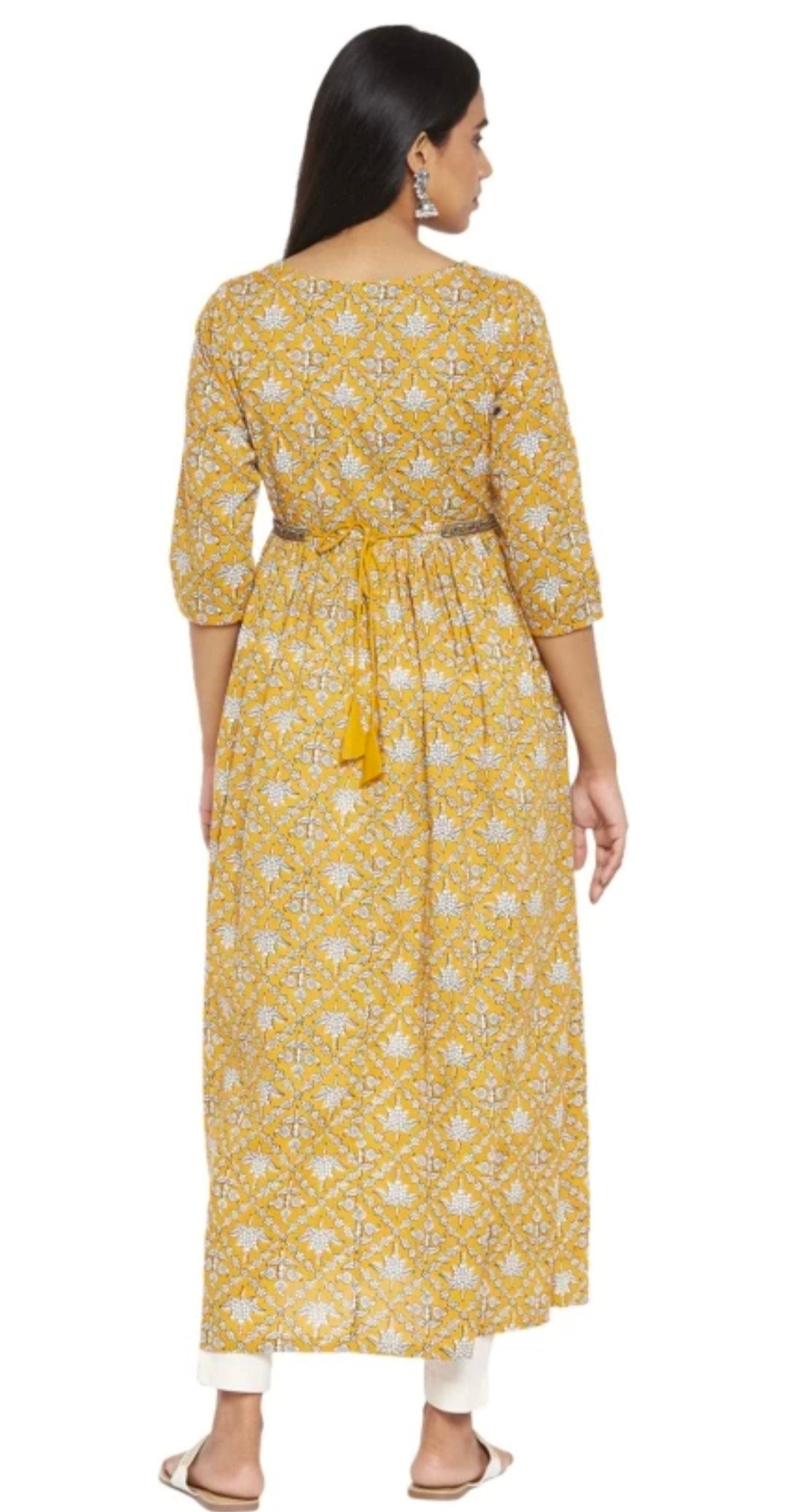 RANGMANCH-Yellow Printed Pure Cotton Flared Kurta