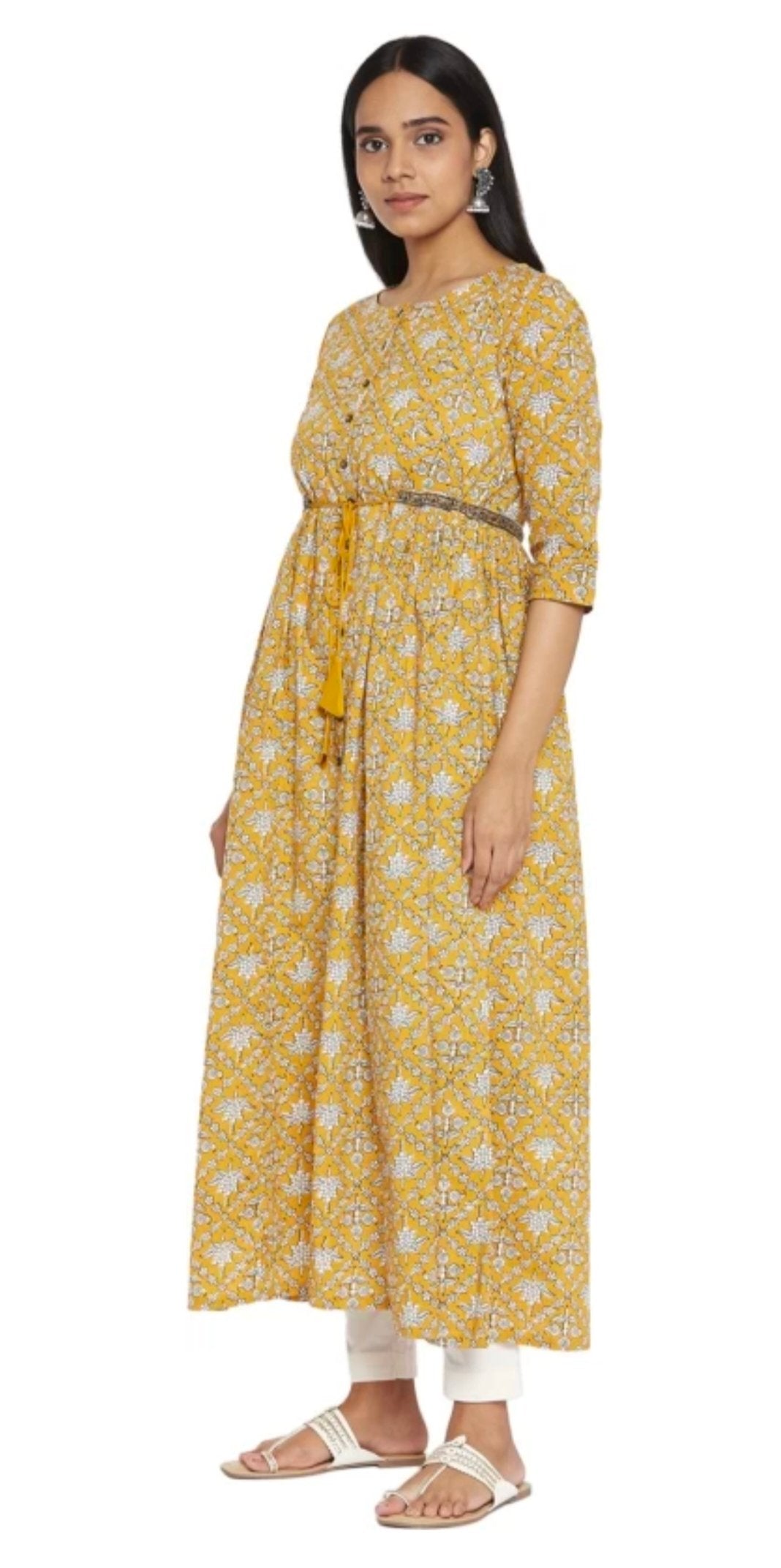 RANGMANCH-Yellow Printed Pure Cotton Flared Kurta