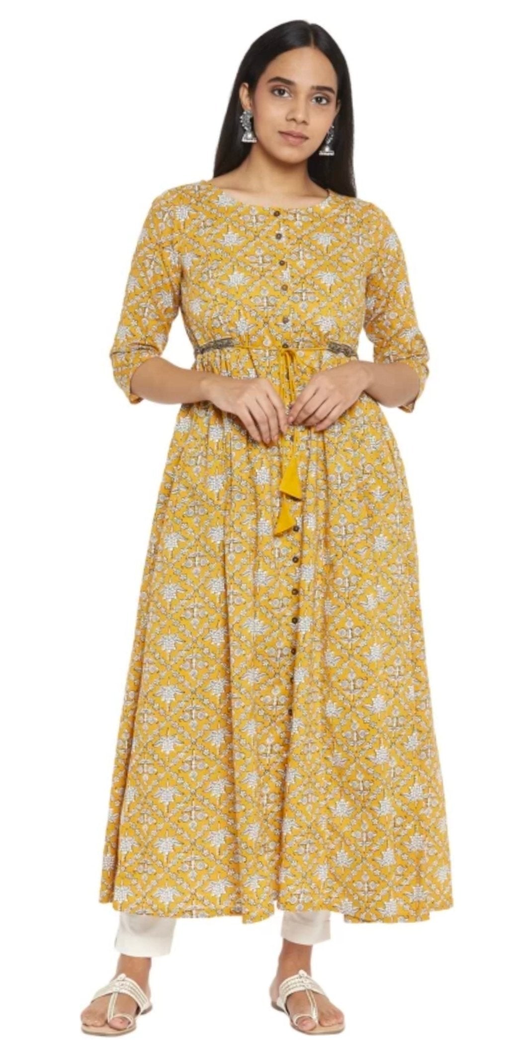 RANGMANCH-Yellow Printed Pure Cotton Flared Kurta