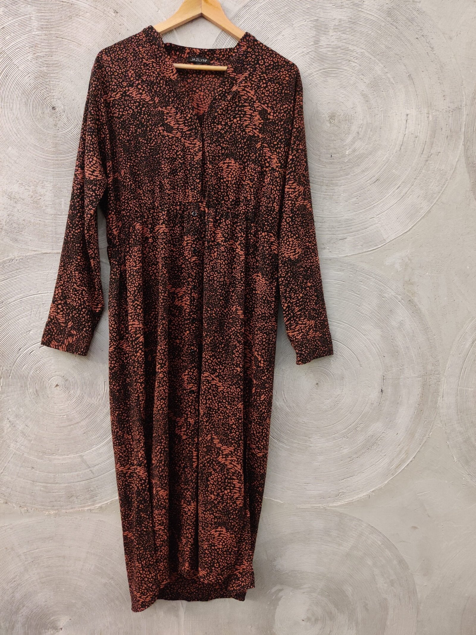 JAZLYN- Black and Brick Printed Long Dress