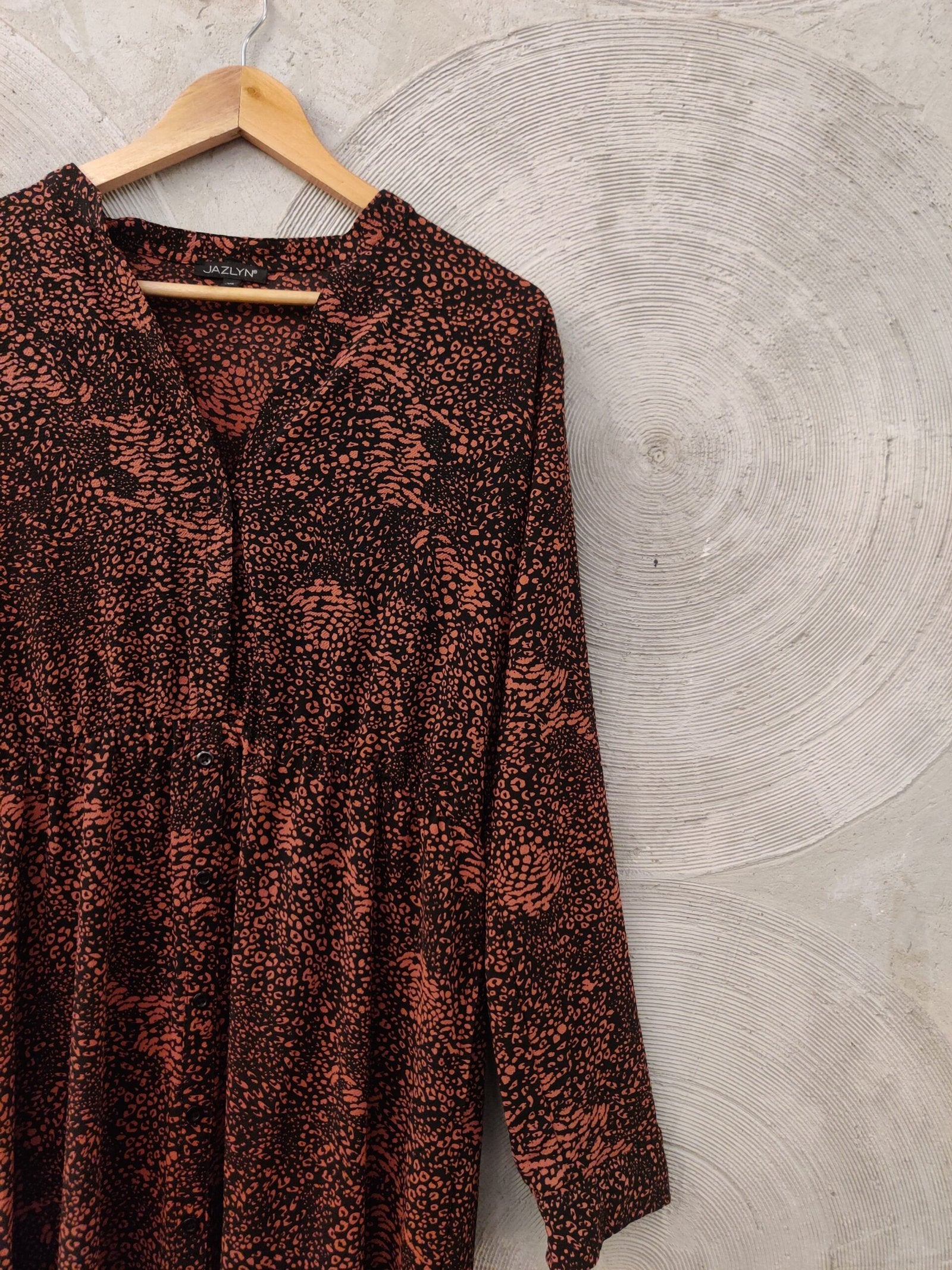 JAZLYN- Black and Brick Printed Long Dress