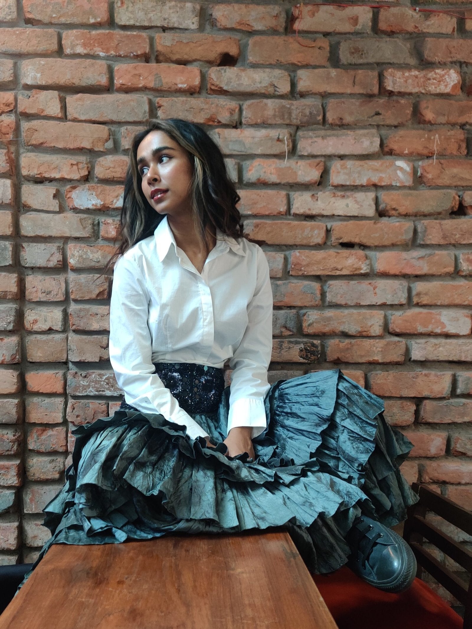 Dark Grey-Green Shaded Silk Skirt with Sequinned Waistband