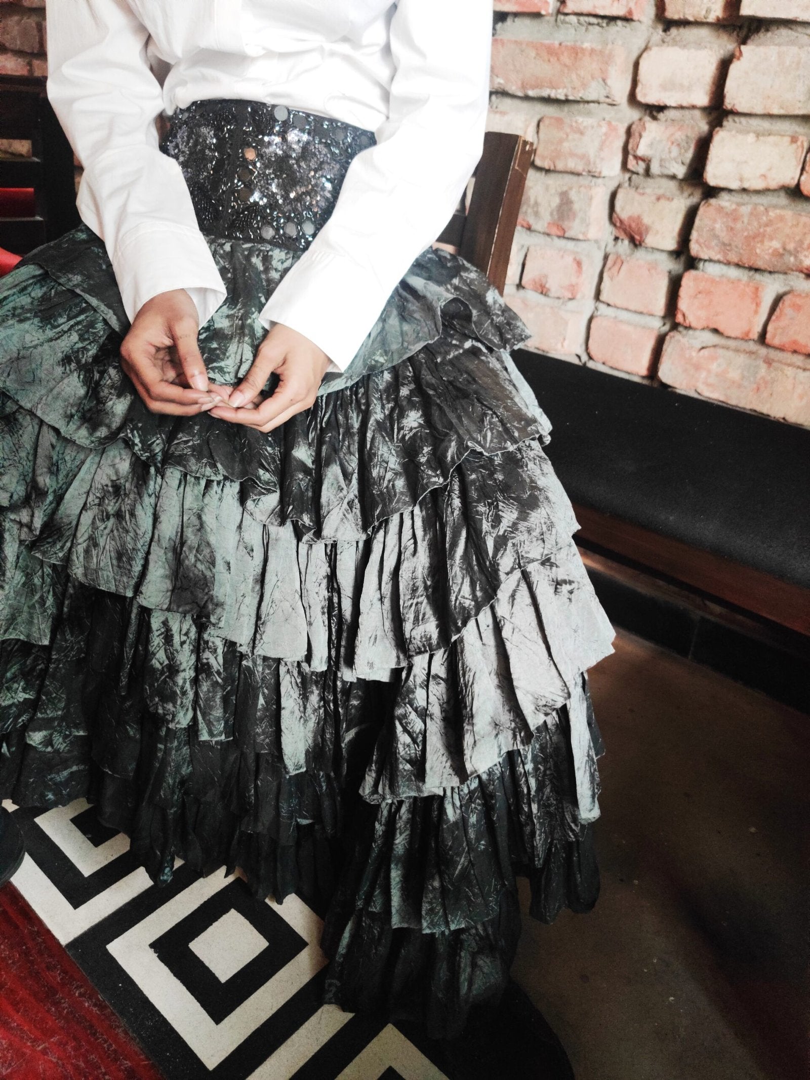Dark Grey-Green Shaded Silk Skirt with Sequinned Waistband