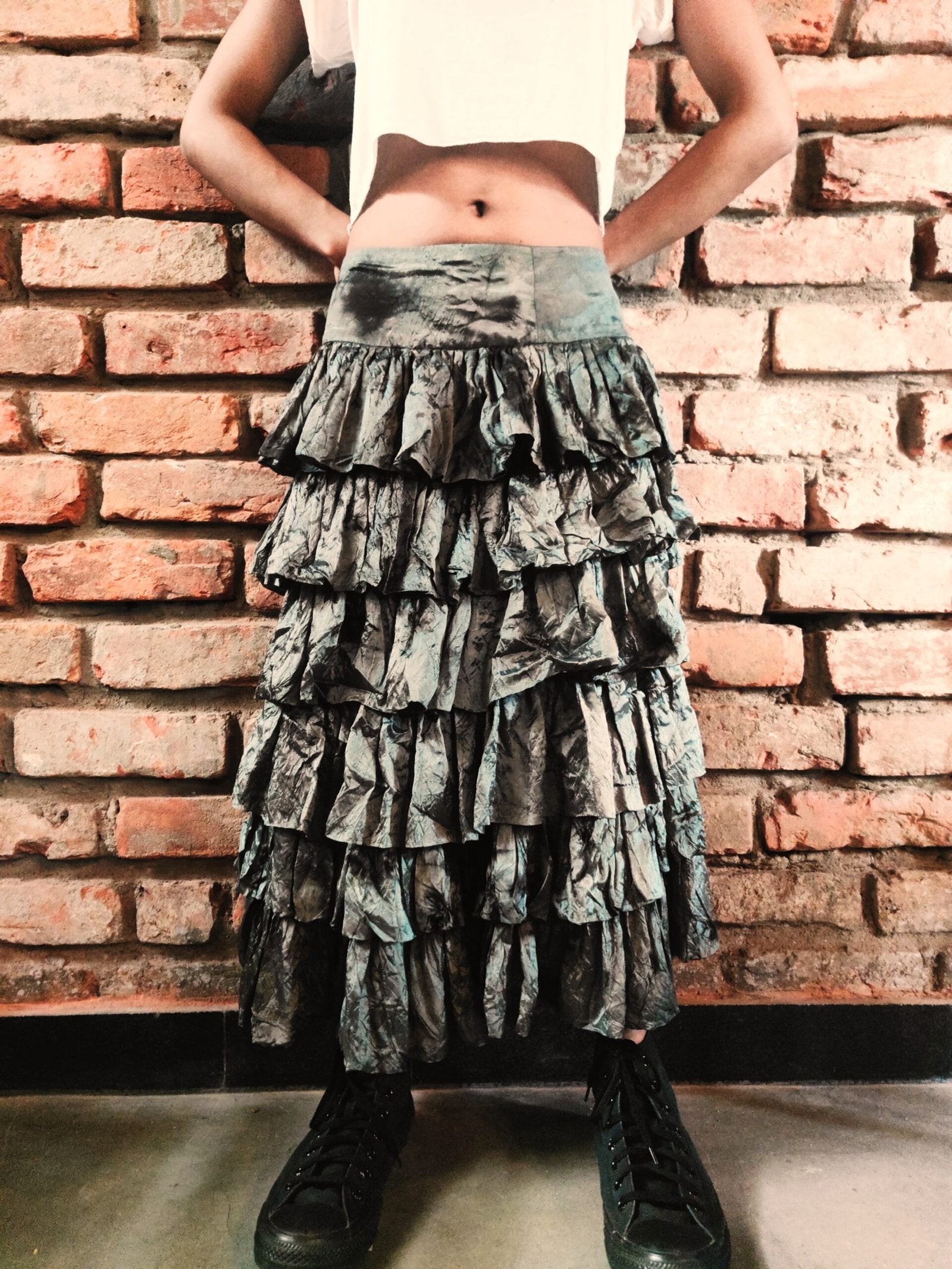 Steel Grey-Green Shaded Silk Tiered Skirt