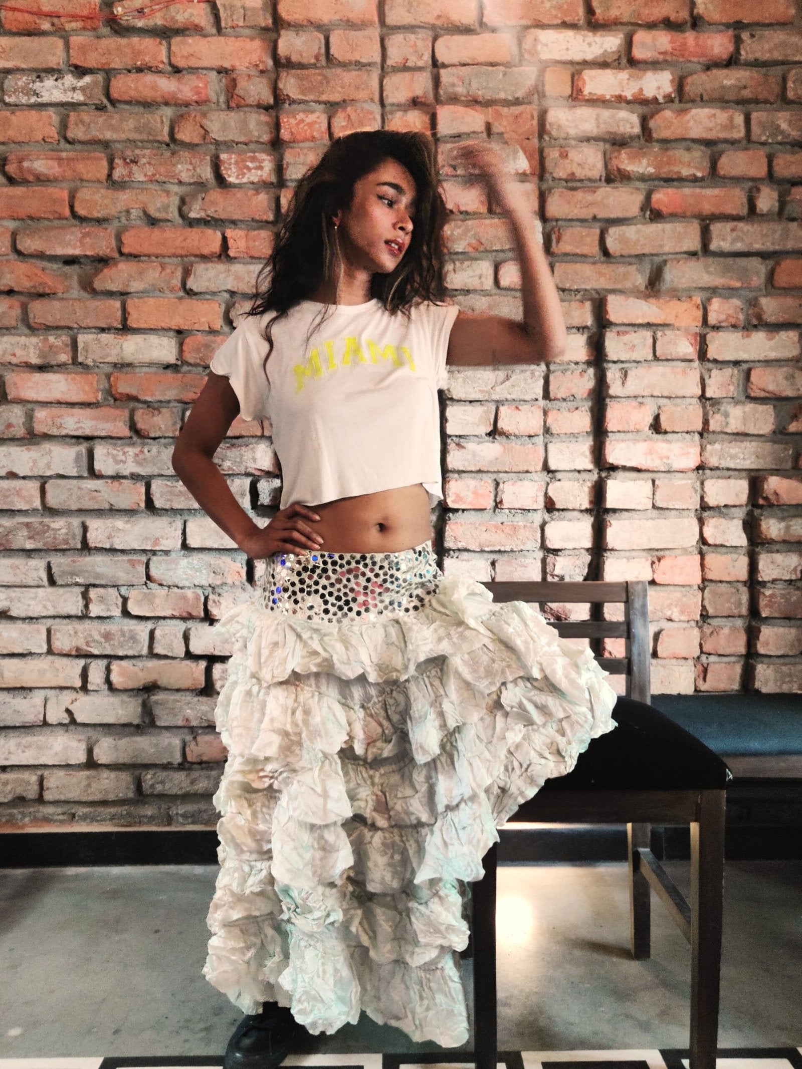 Light Green Silk High-Low Hem Skirt with Sequinned Waistband