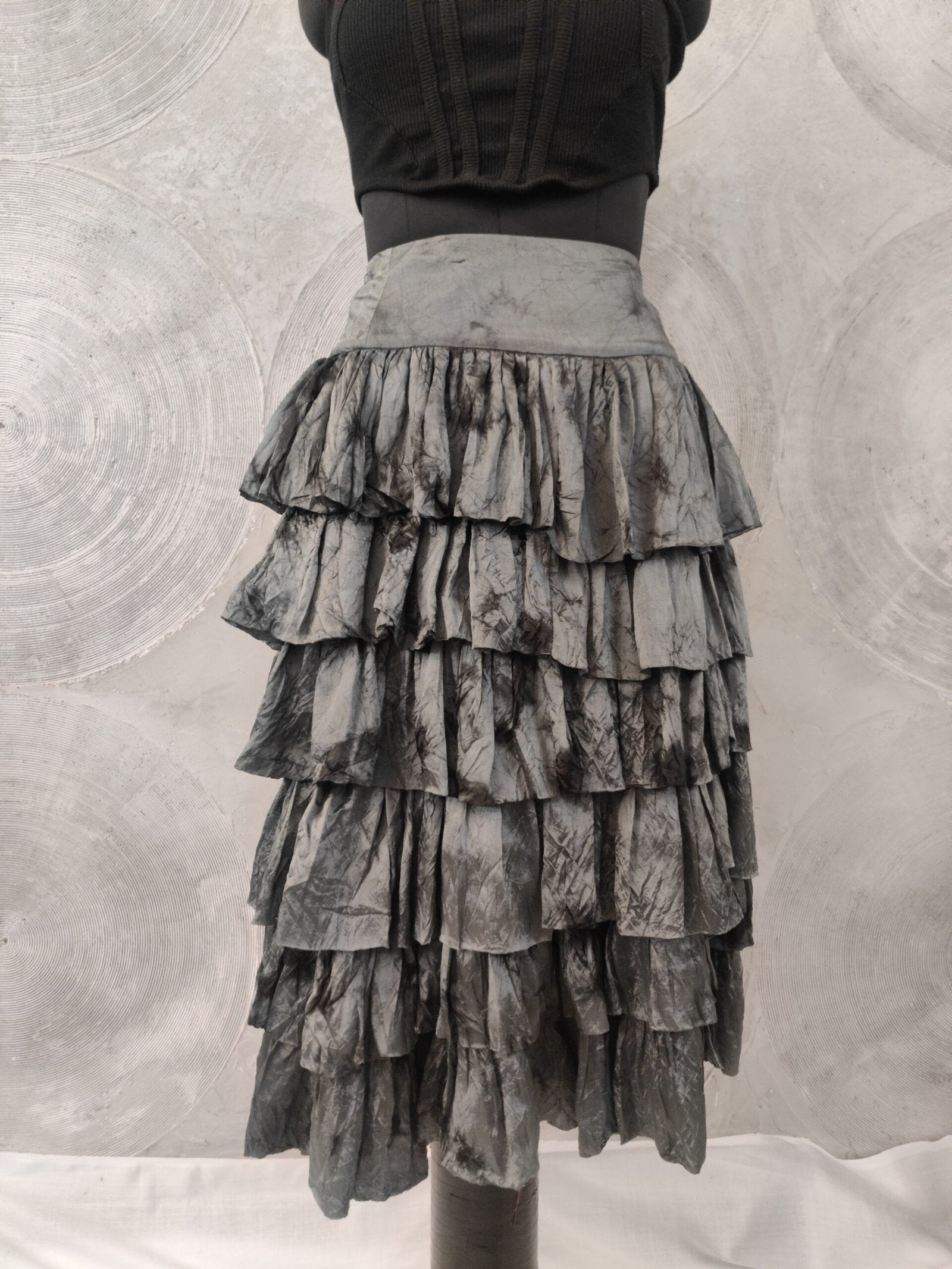 Steel Grey-Green Shaded Silk Tiered Skirt