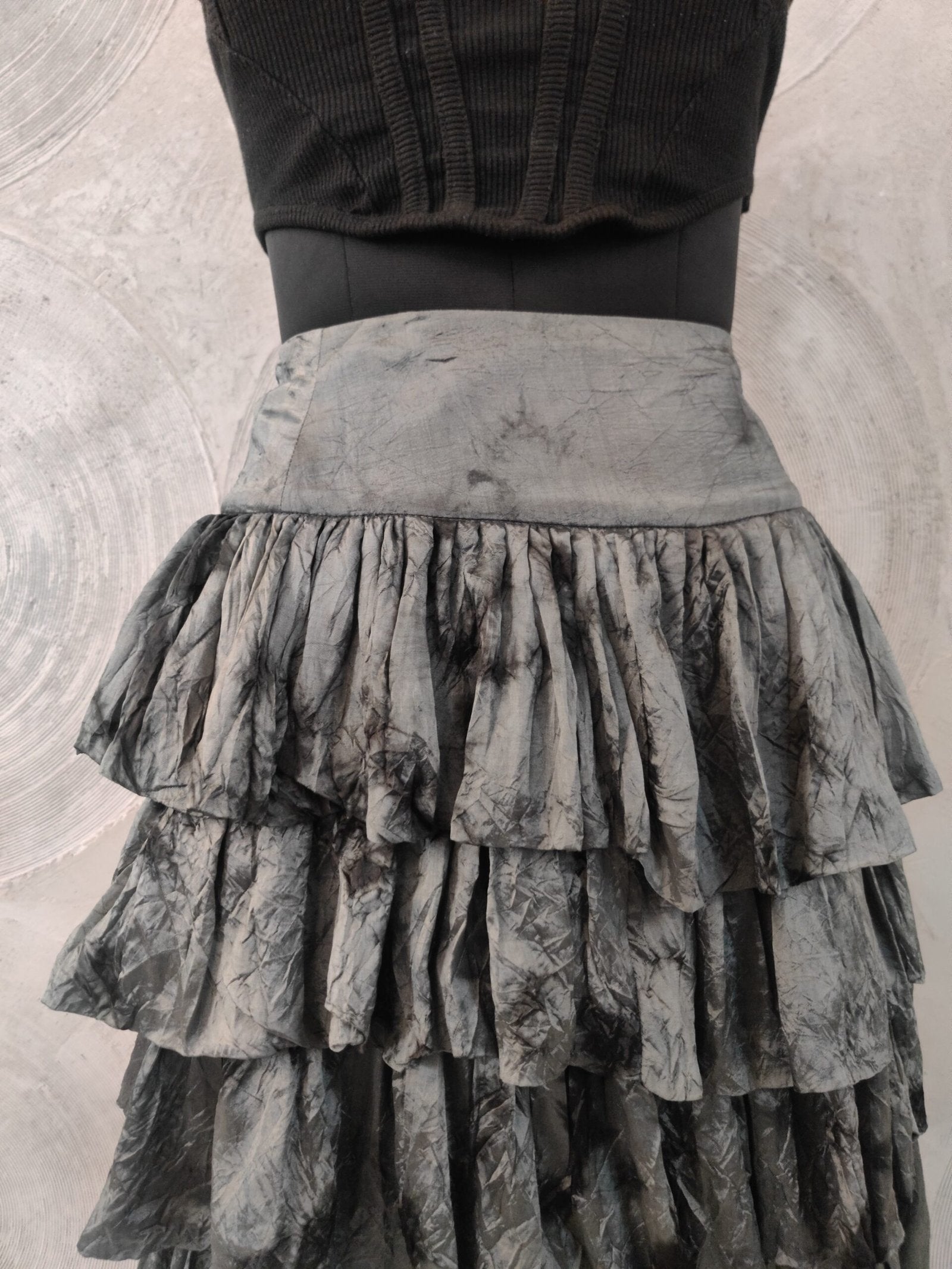 Steel Grey-Green Shaded Silk Tiered Skirt