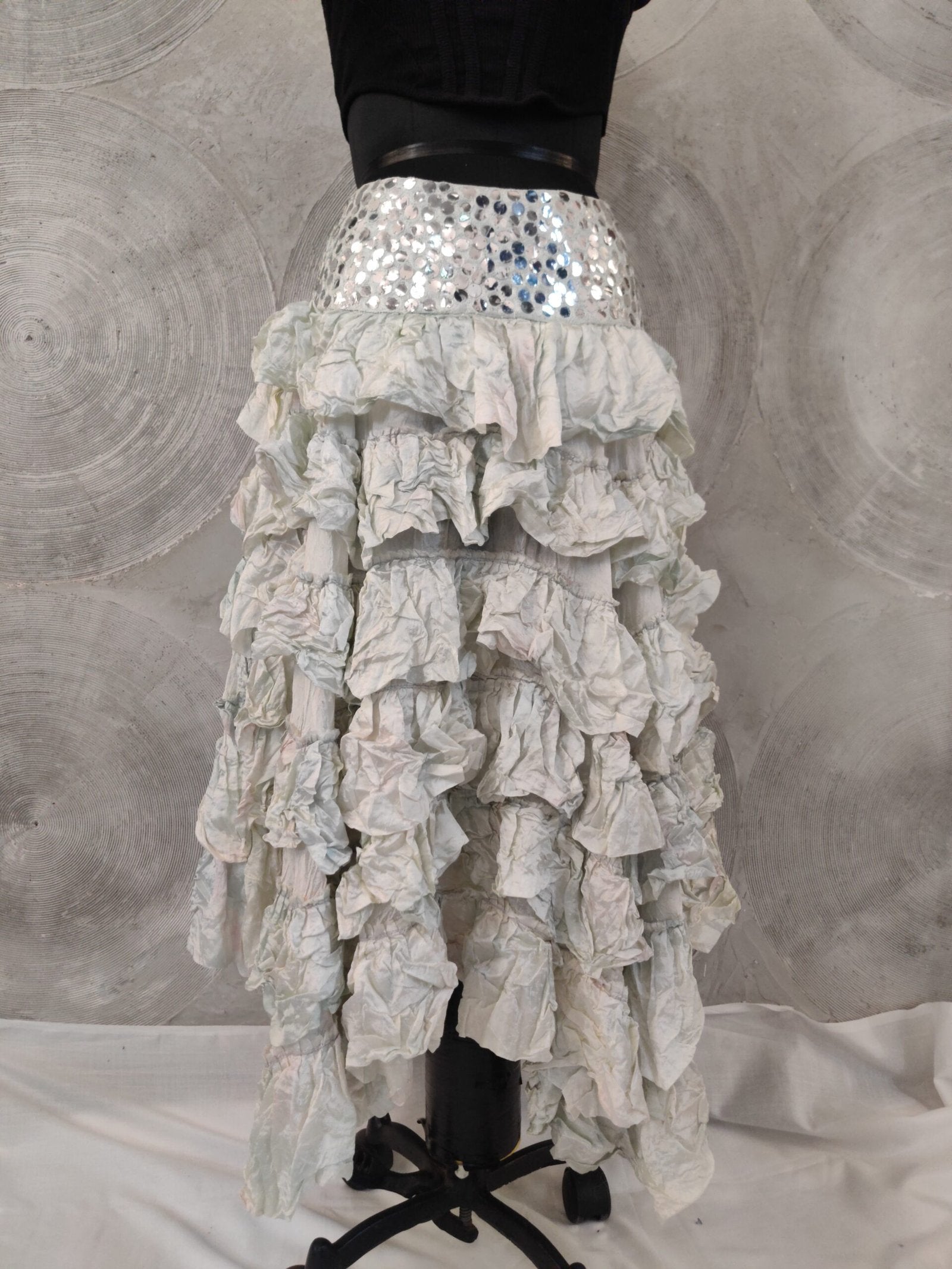Light Green Silk High-Low Hem Skirt with Sequinned Waistband