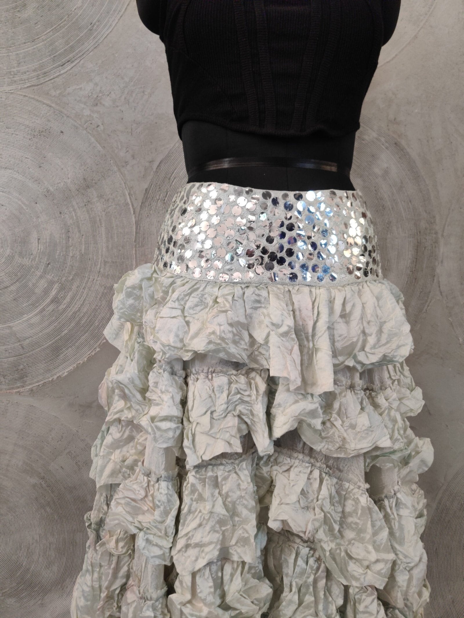 Light Green Silk High-Low Hem Skirt with Sequinned Waistband