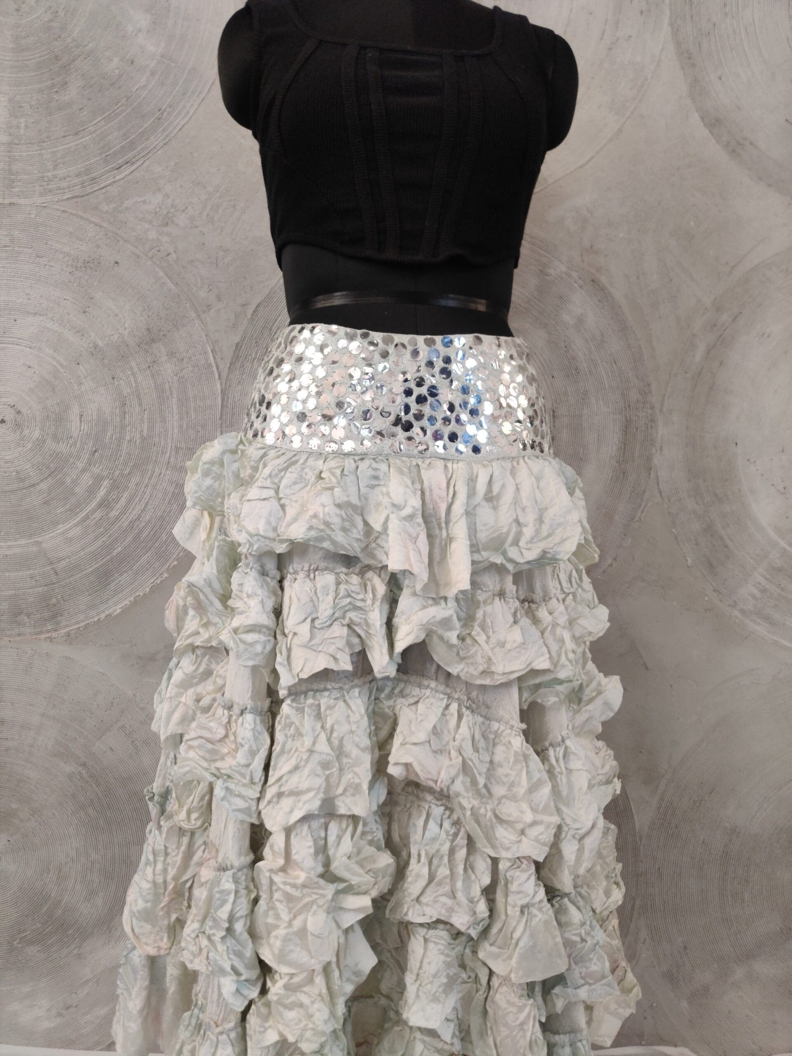 Light Green Silk High-Low Hem Skirt with Sequinned Waistband