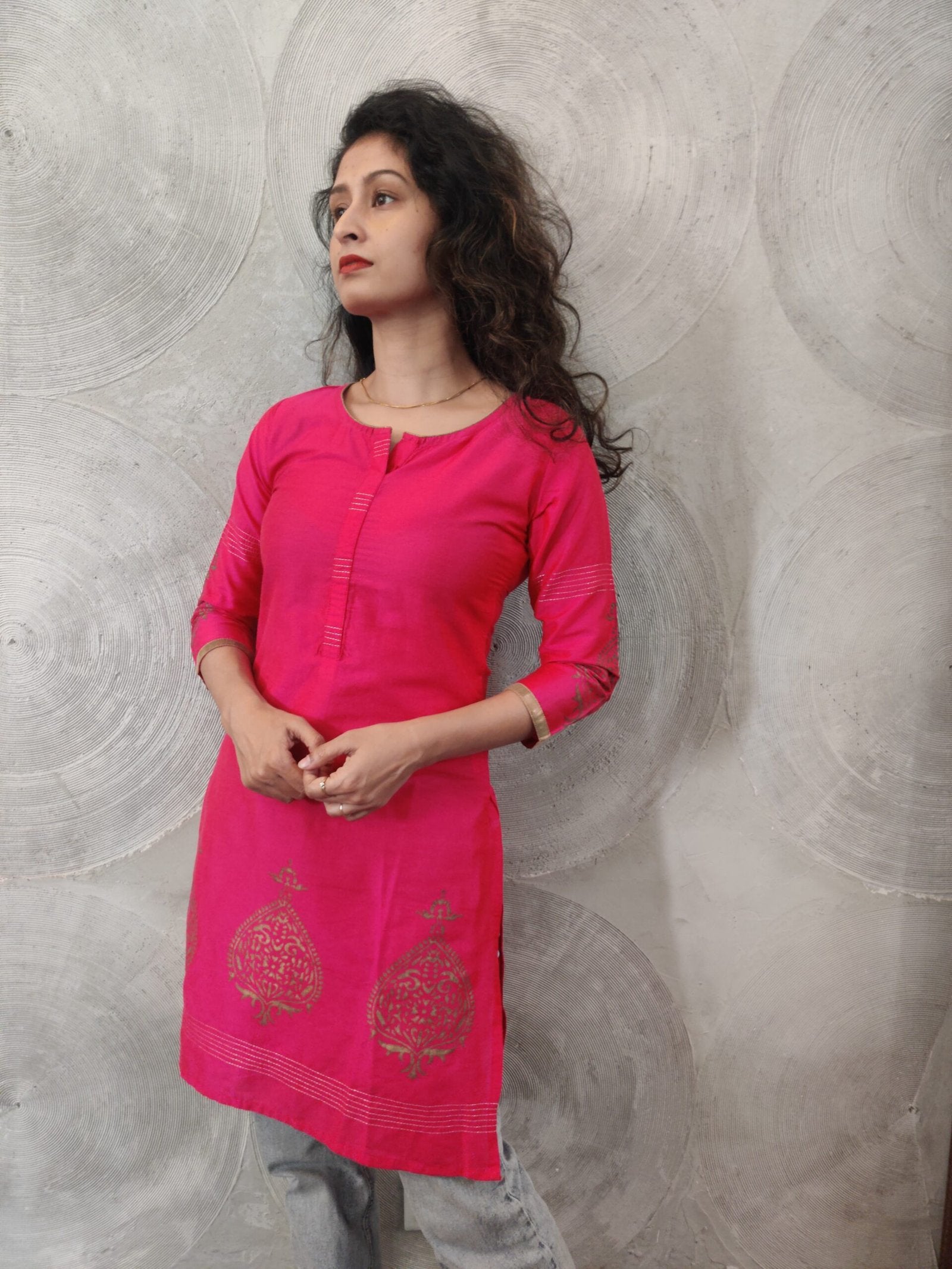 Fuchsia Pink Kurta with Golden Khari Print