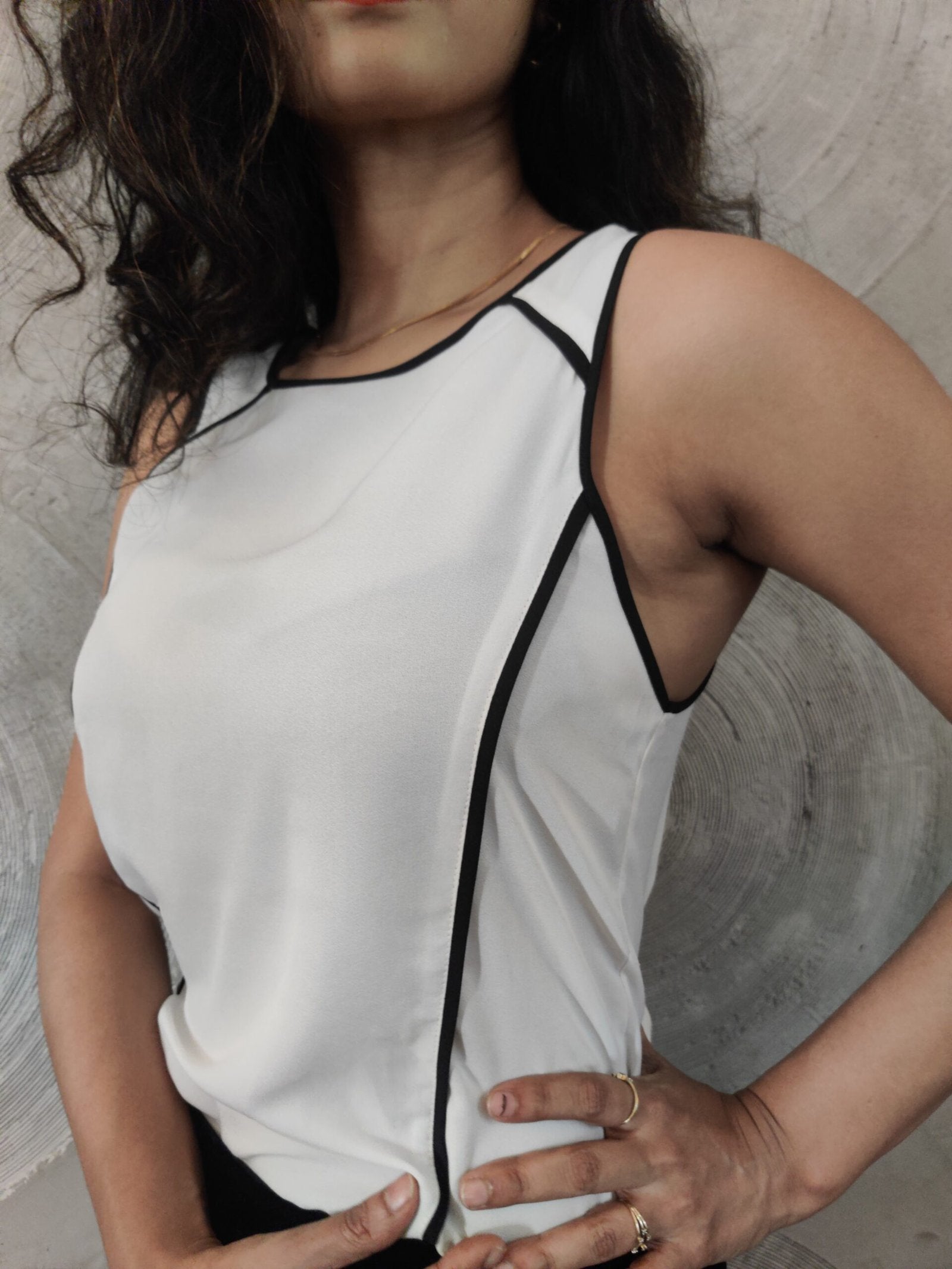 CHEMISTRY- White Sleeveless Top with Black Piping