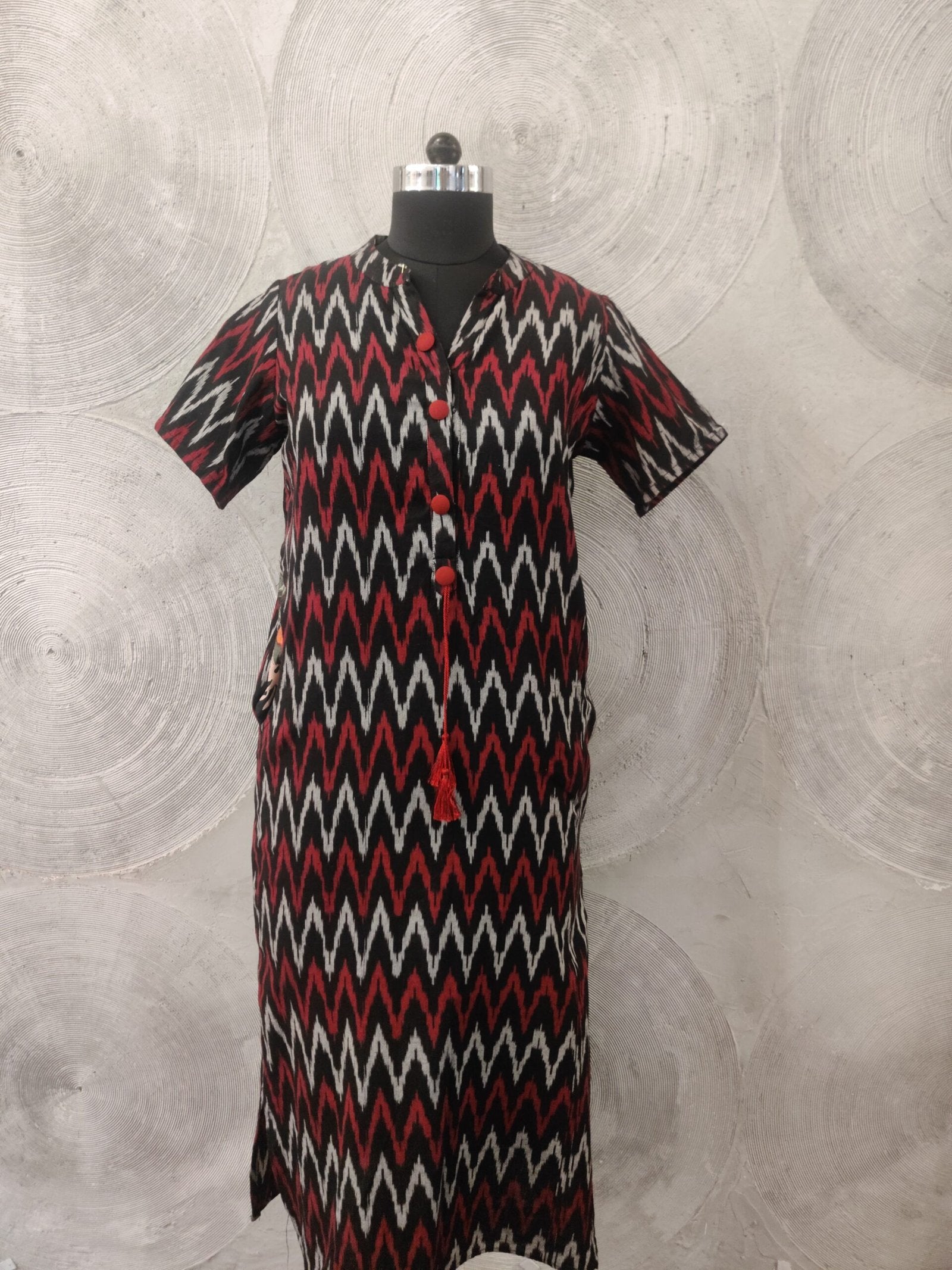 Black, Red and White Cotton Ikat Kurta