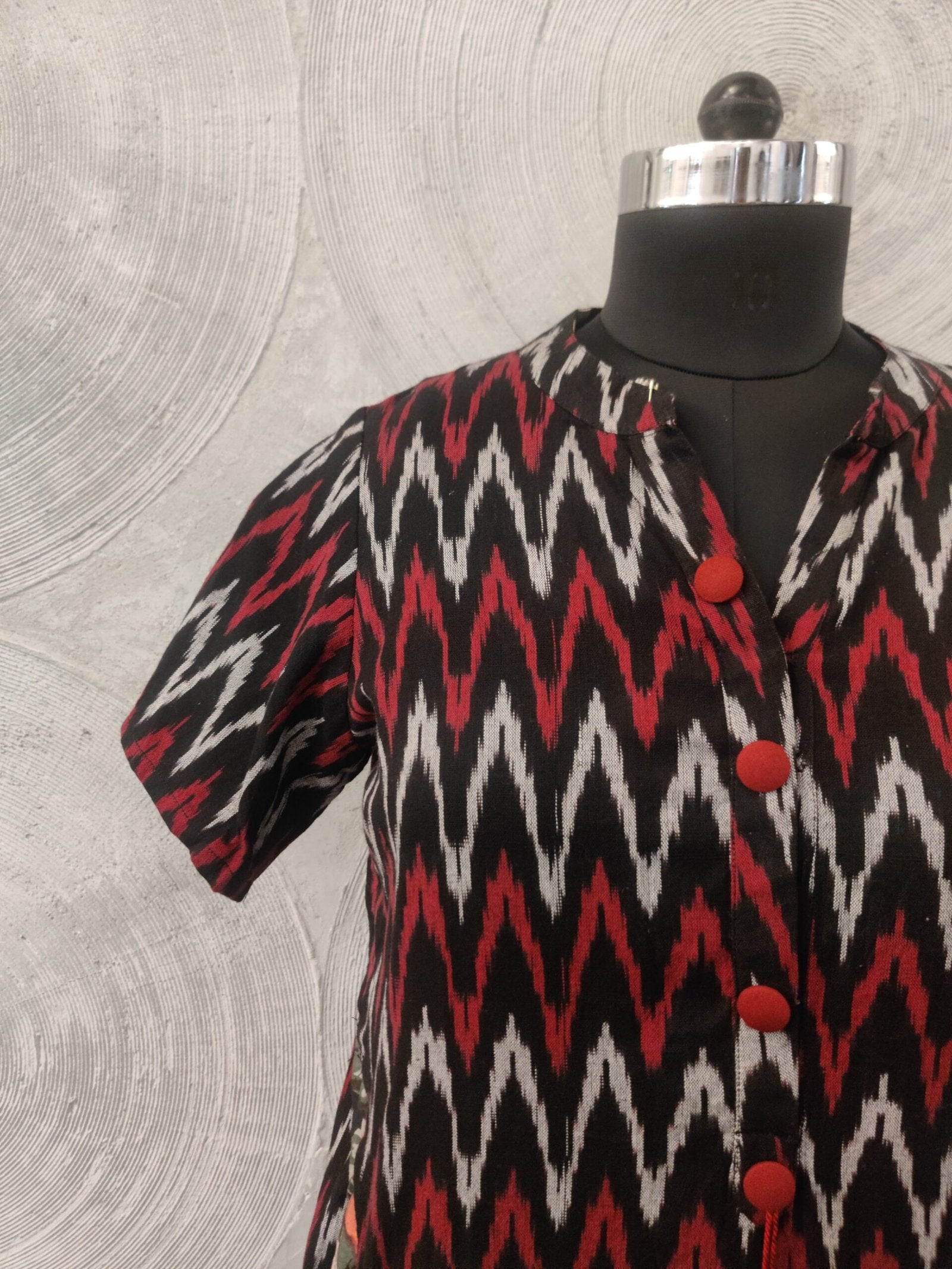 Black, Red and White Cotton Ikat Kurta