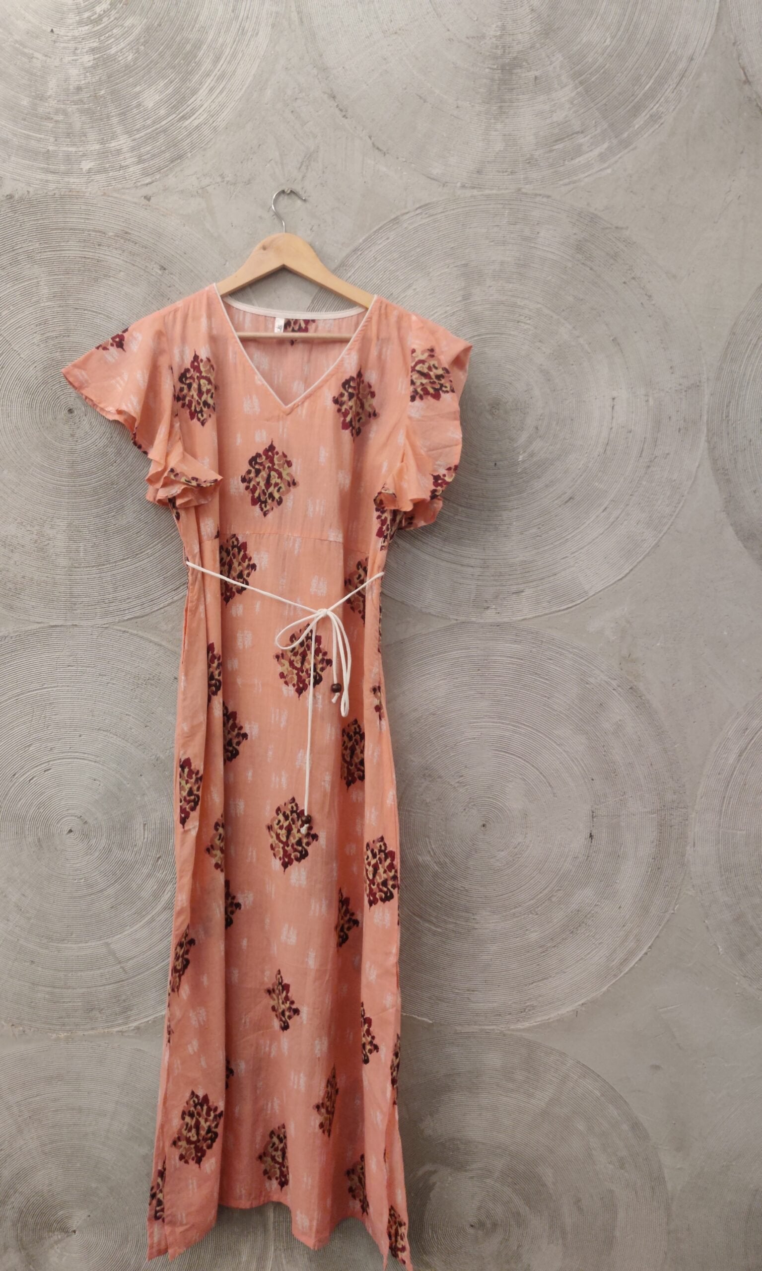 Peach Long dress with Block Print