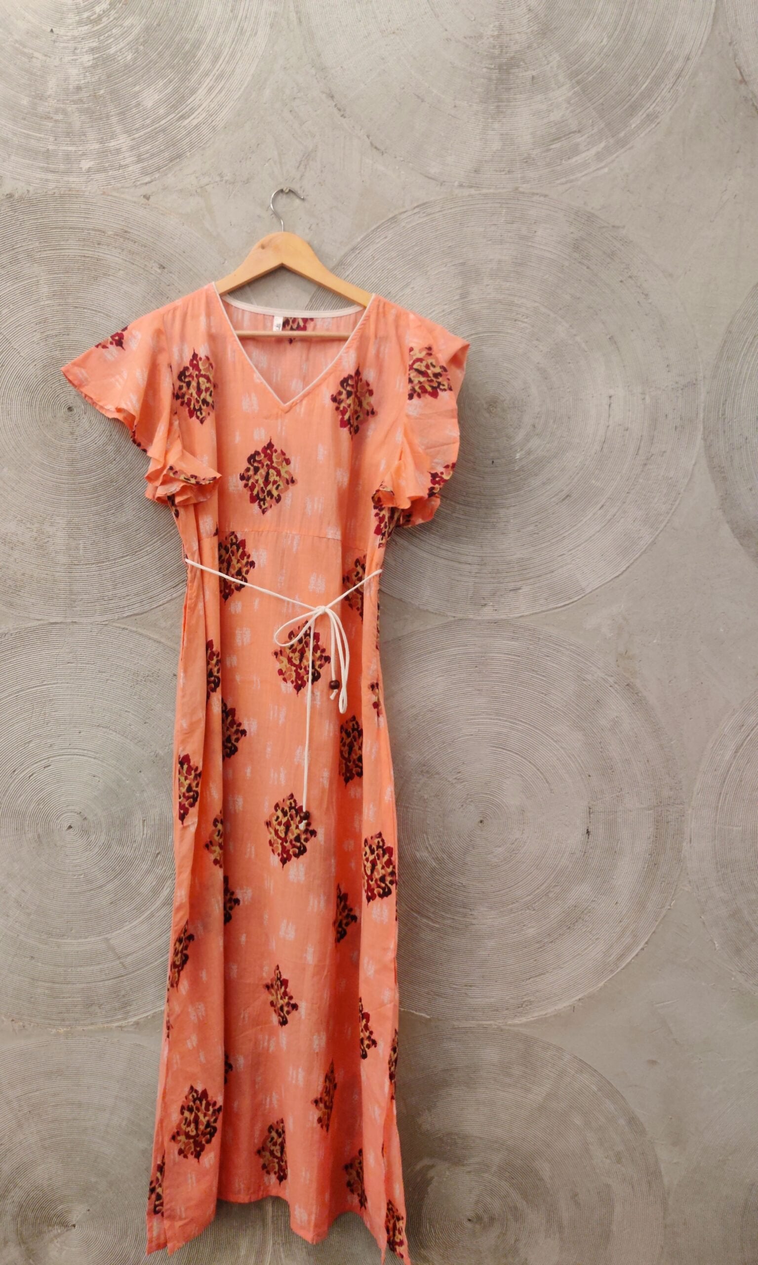 Peach Long dress with Block Print