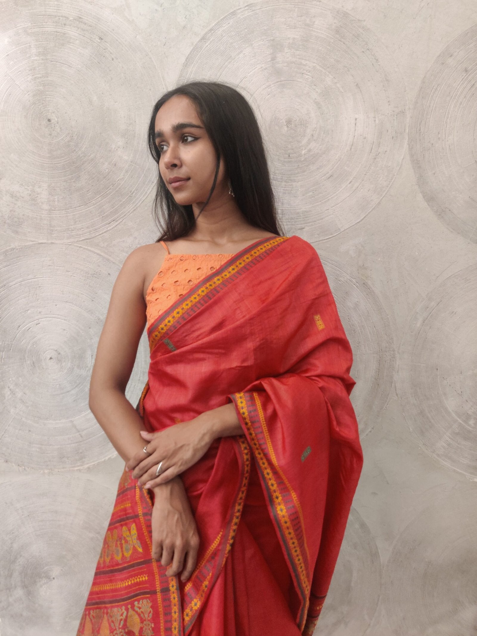 Coral Tussar Silk Sari with Green and Yellow Woven Border
