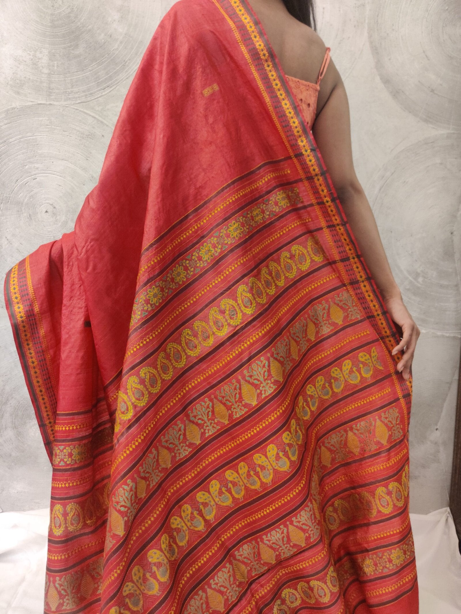 Coral Tussar Silk Sari with Green and Yellow Woven Border