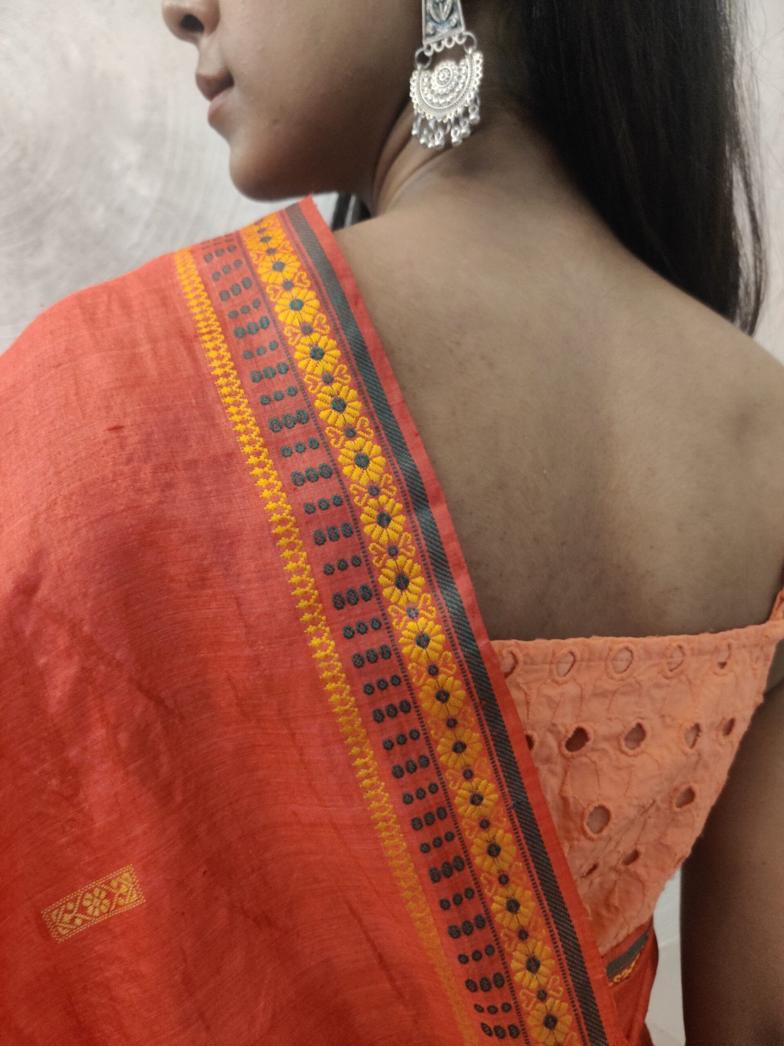 Coral Tussar Silk Sari with Green and Yellow Woven Border