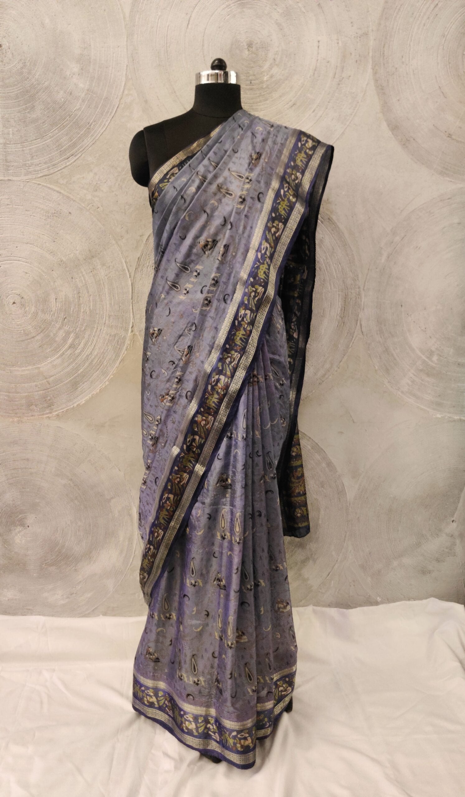Blue Printed Sari with Zari Border