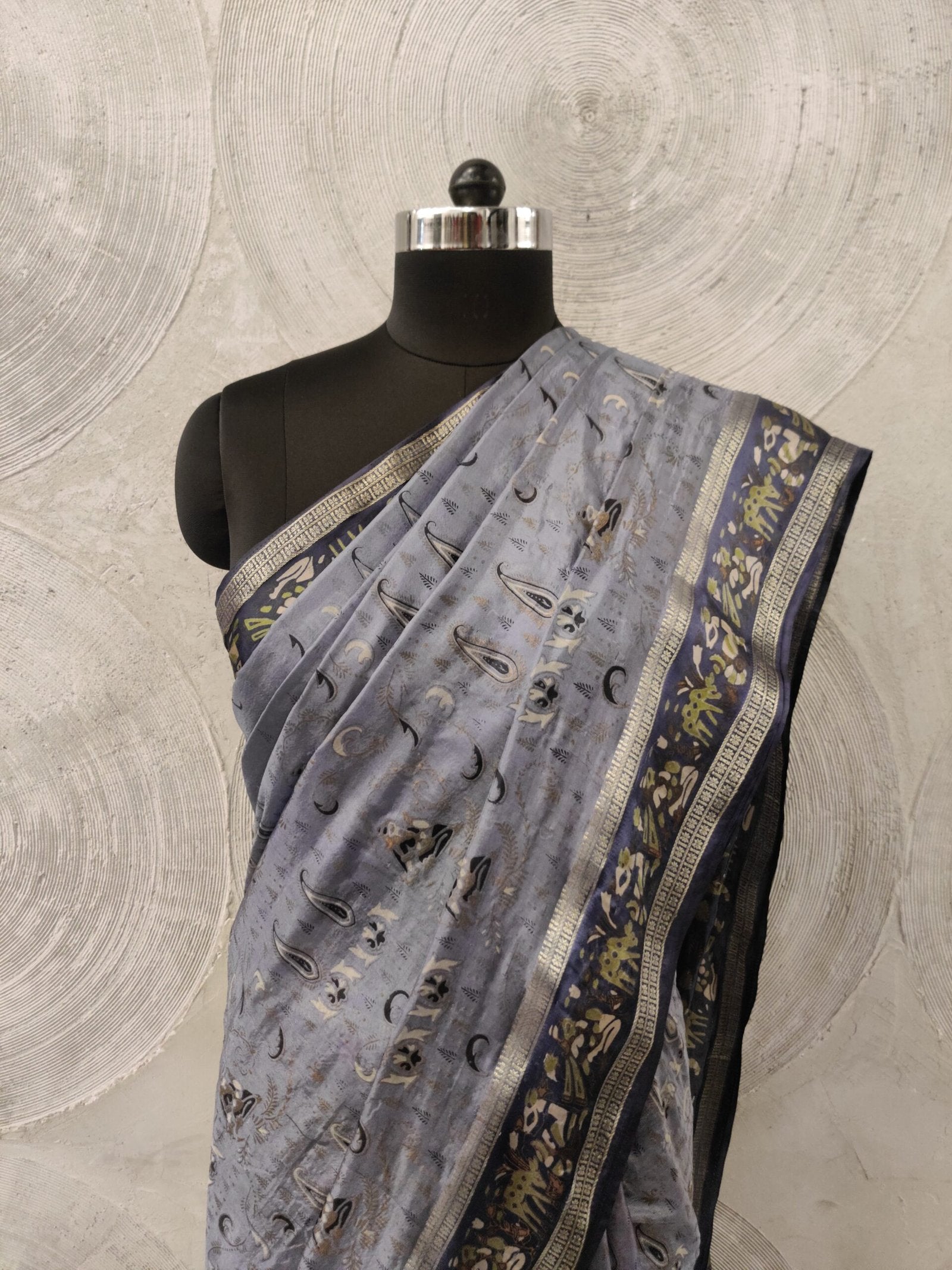 Blue Printed Sari with Zari Border