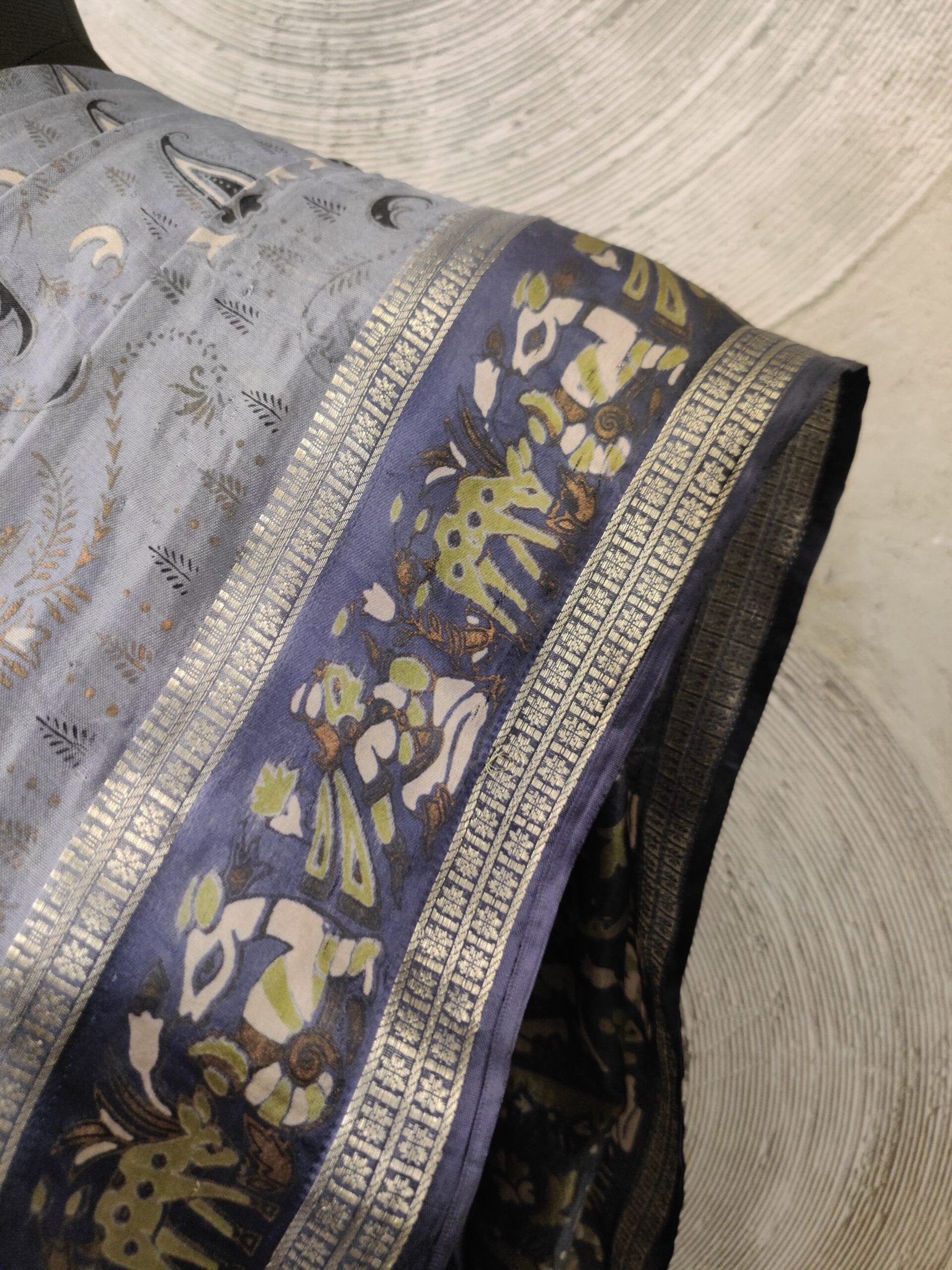 Blue Printed Sari with Zari Border