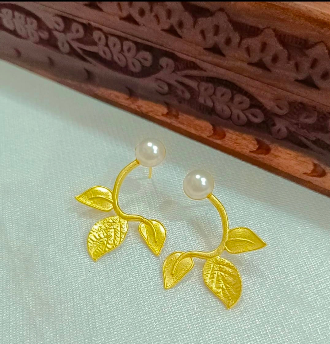 Brass Leaf Earrings with Pearl