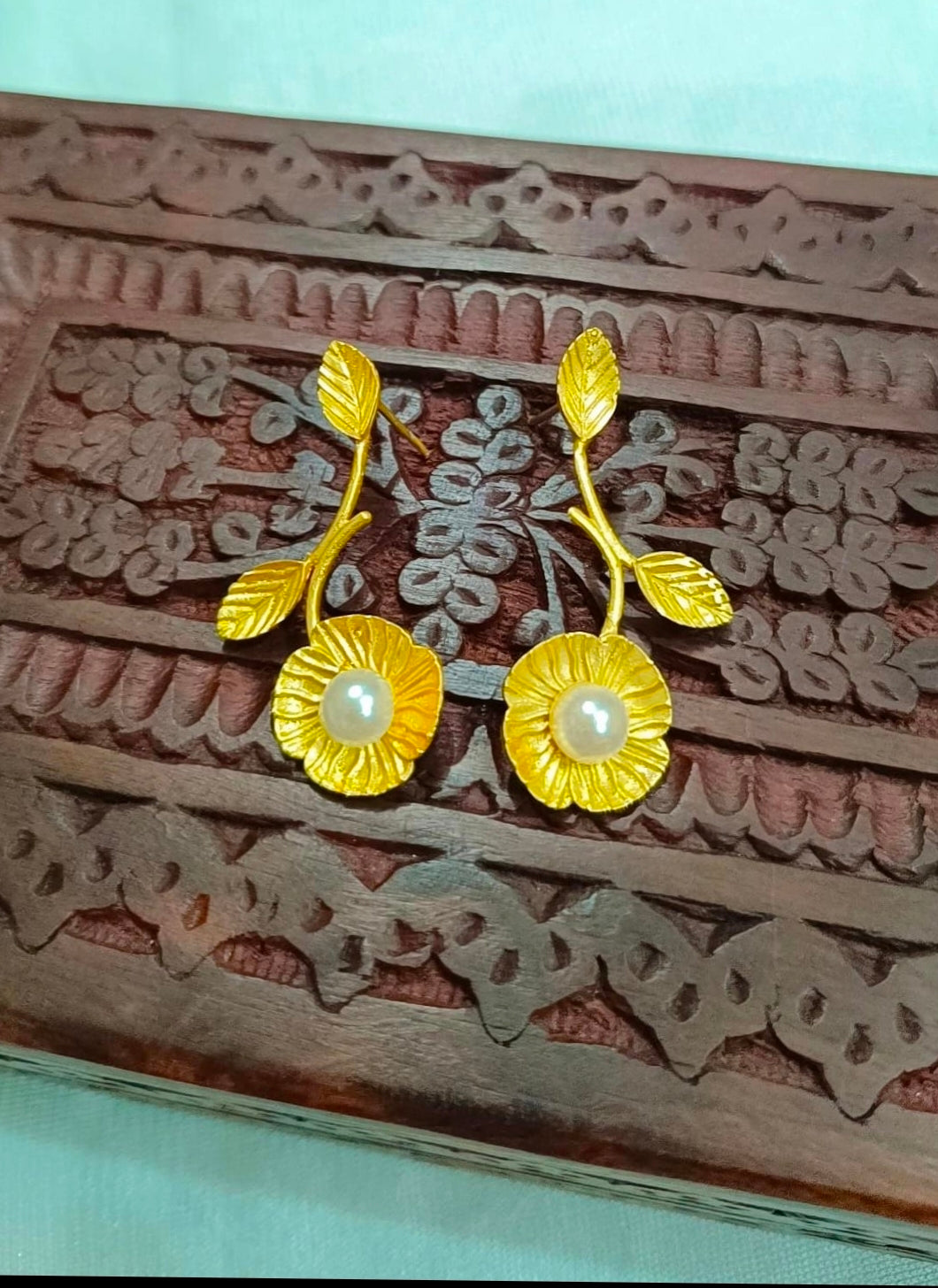 Brass Flower Earrings with Single Pearl