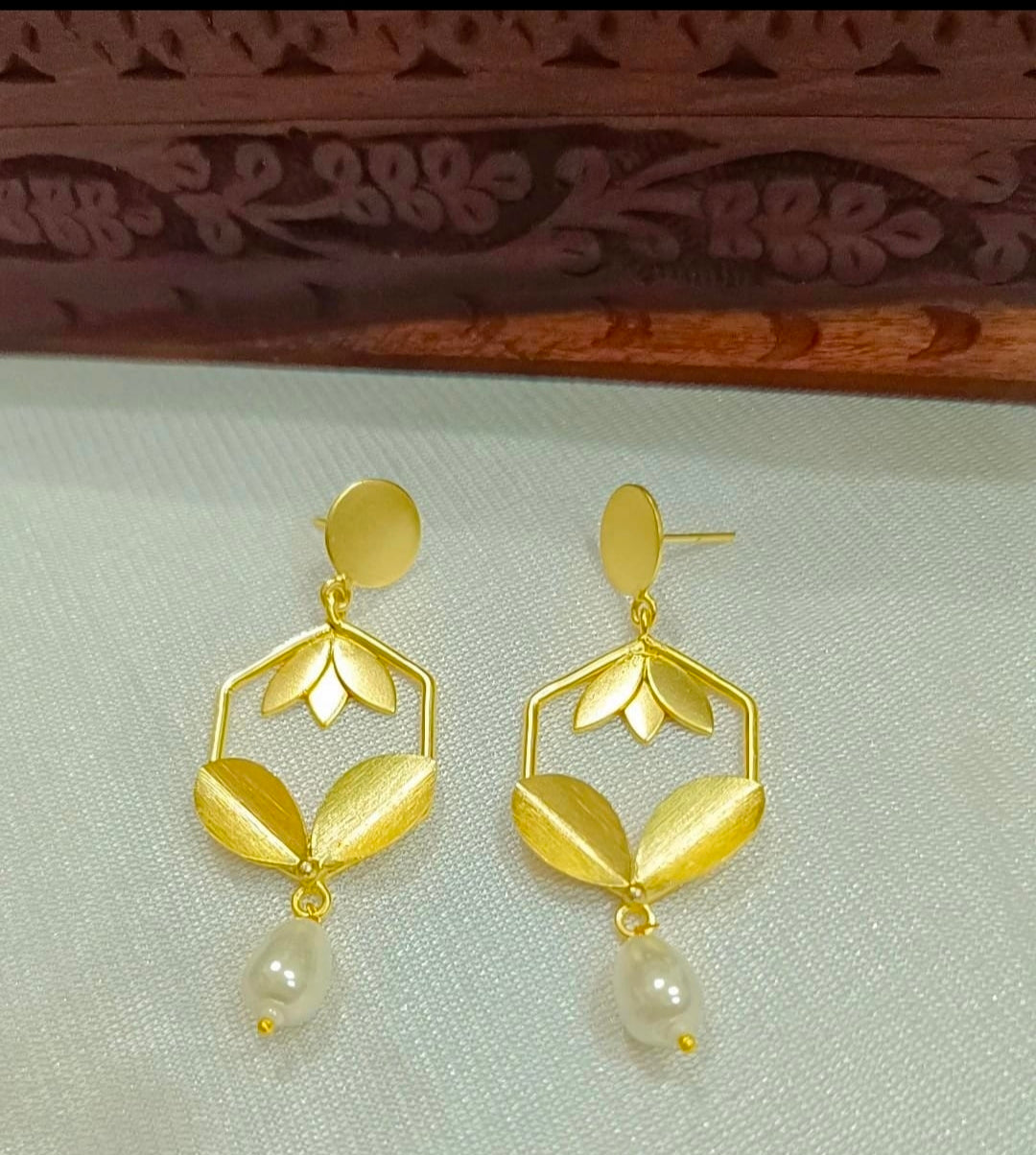 Brass Leaf Earrings with Single Pearl