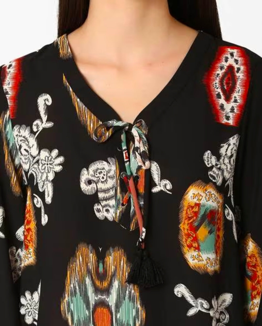 ONLY - Black Ikat Print Tie-up Top