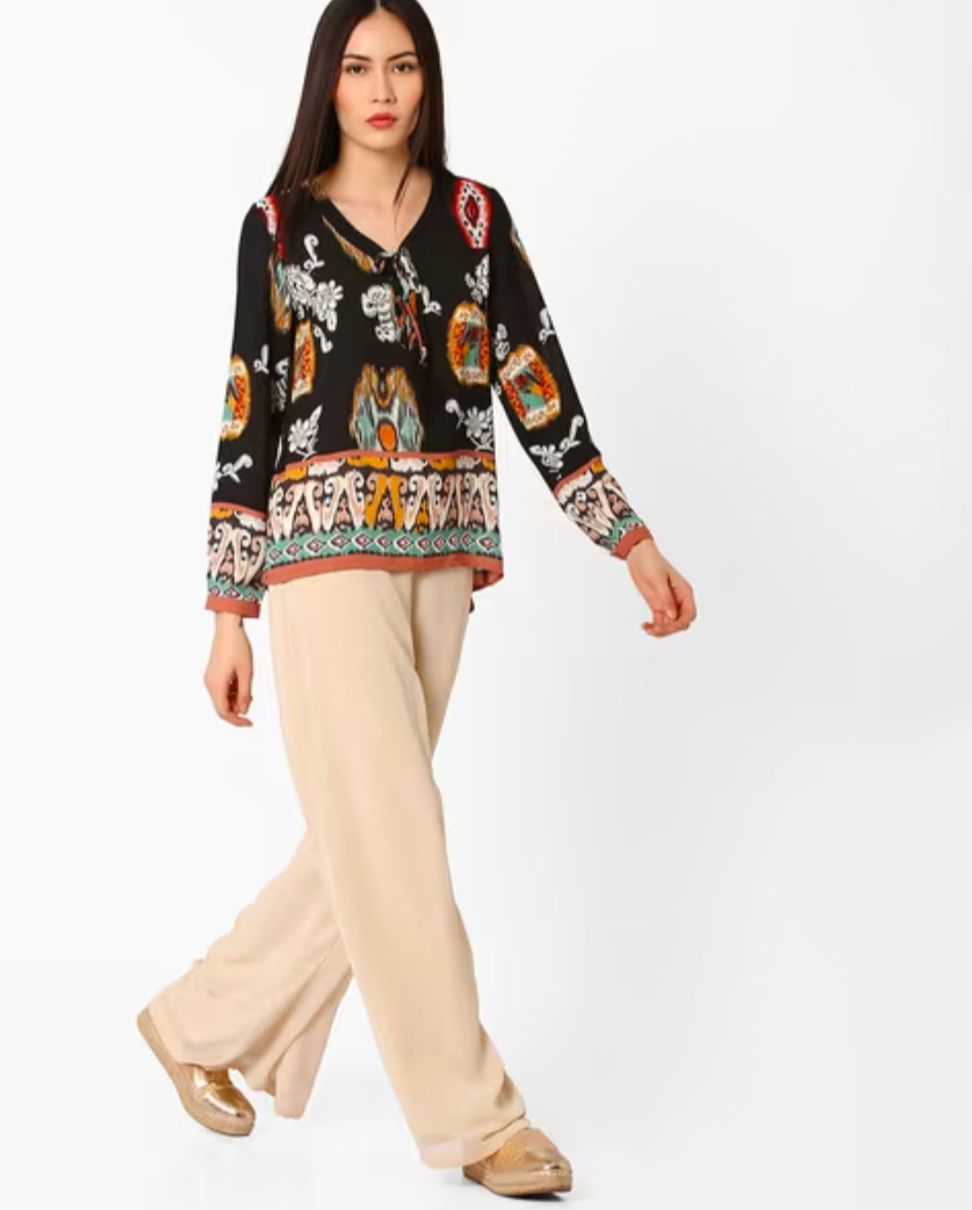 ONLY - Black Ikat Print Tie-up Top