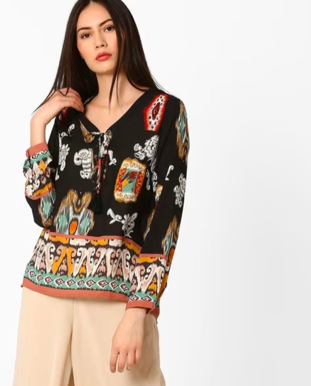 ONLY - Black Ikat Print Tie-up Top