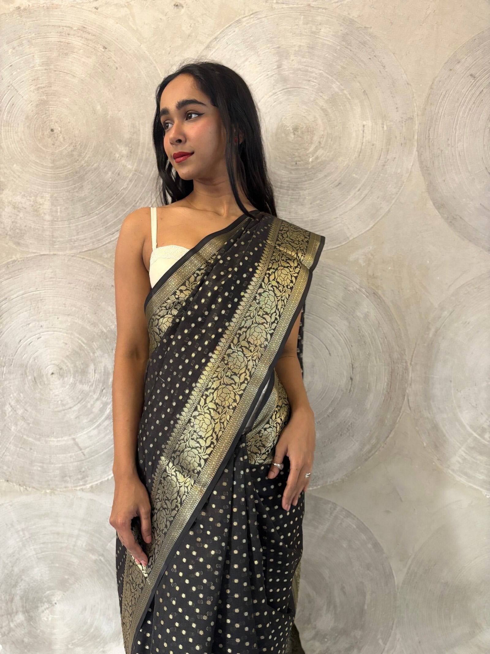 Black and Golden Hazar Buti Silk Sari