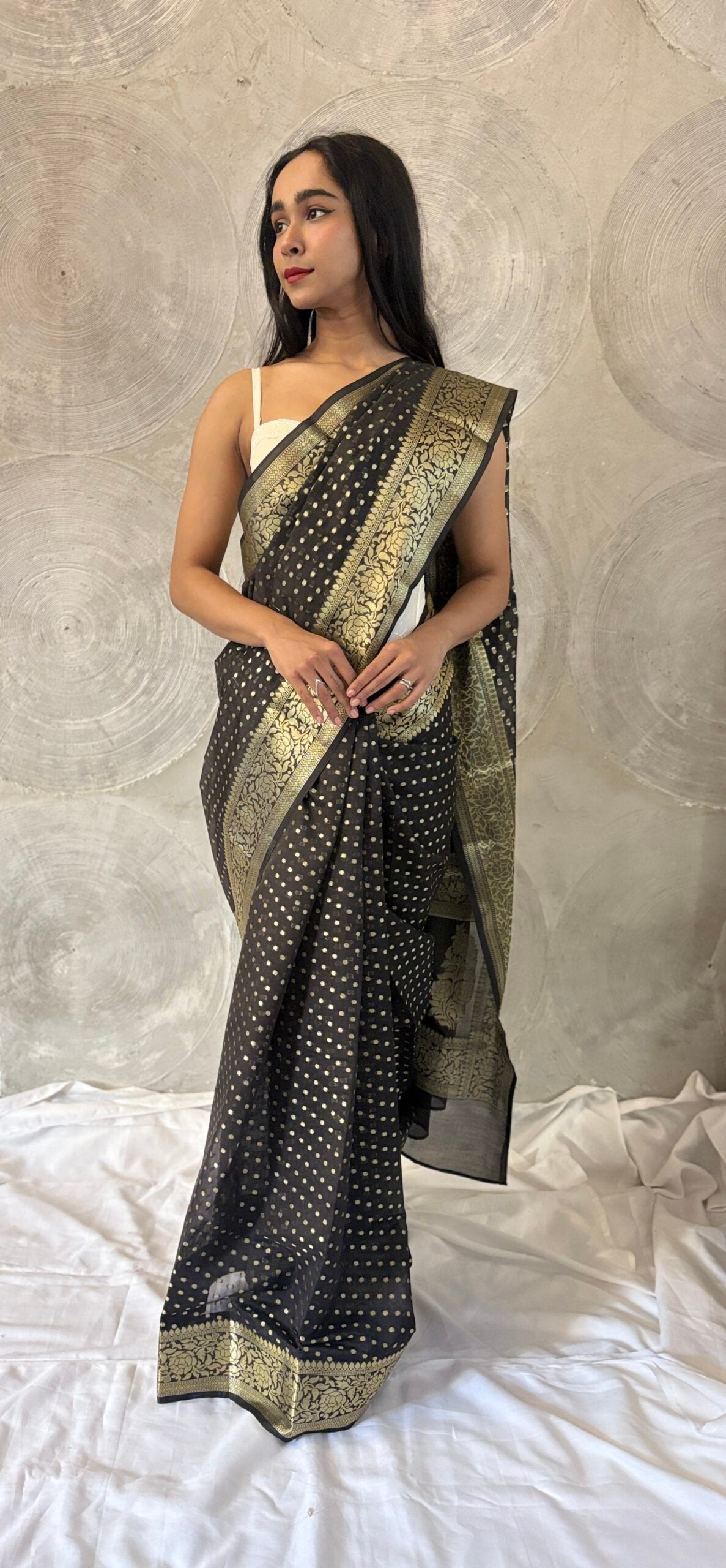 Black and Golden Hazar Buti Silk Sari