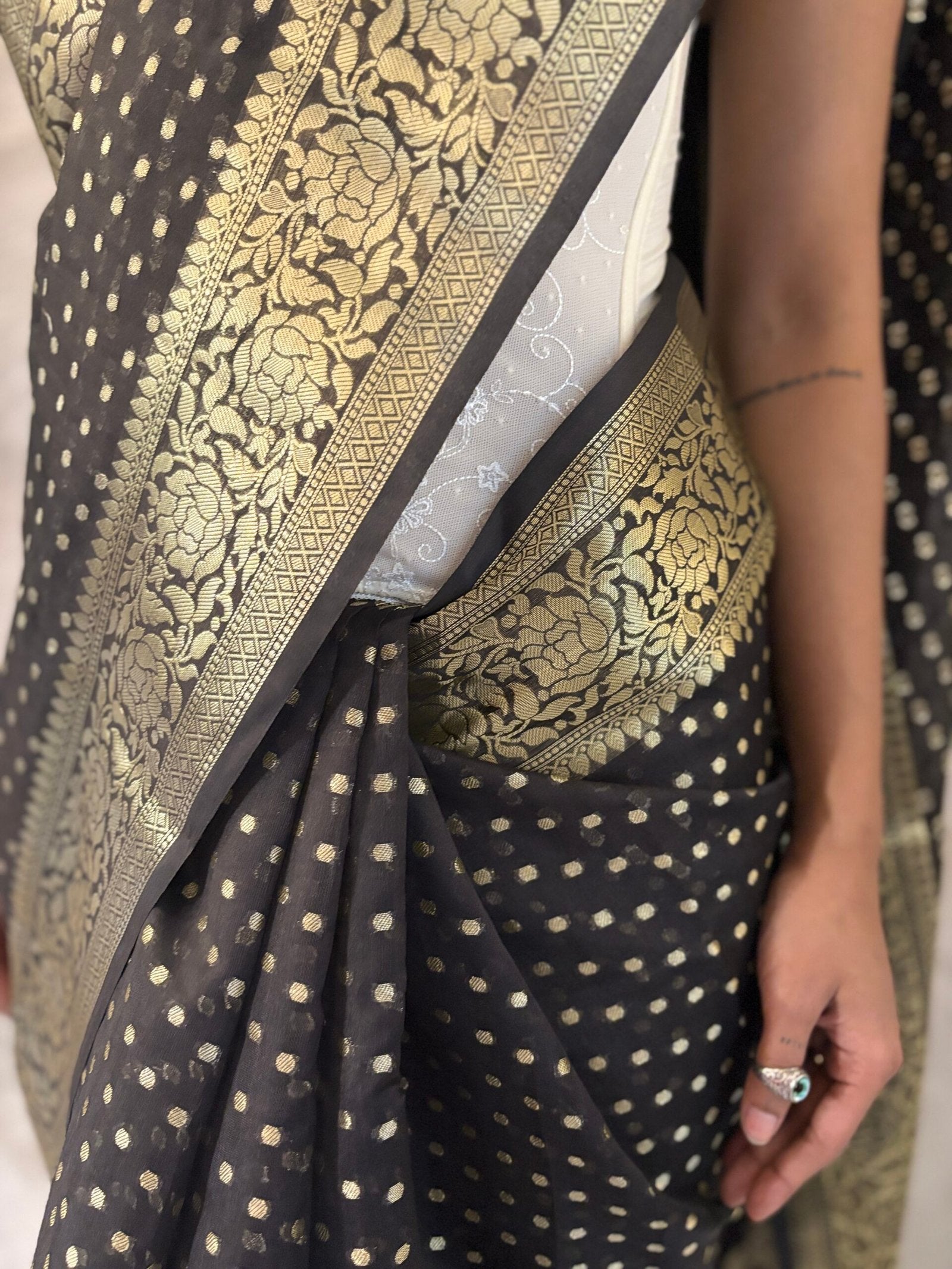 Black and Golden Hazar Buti Silk Sari