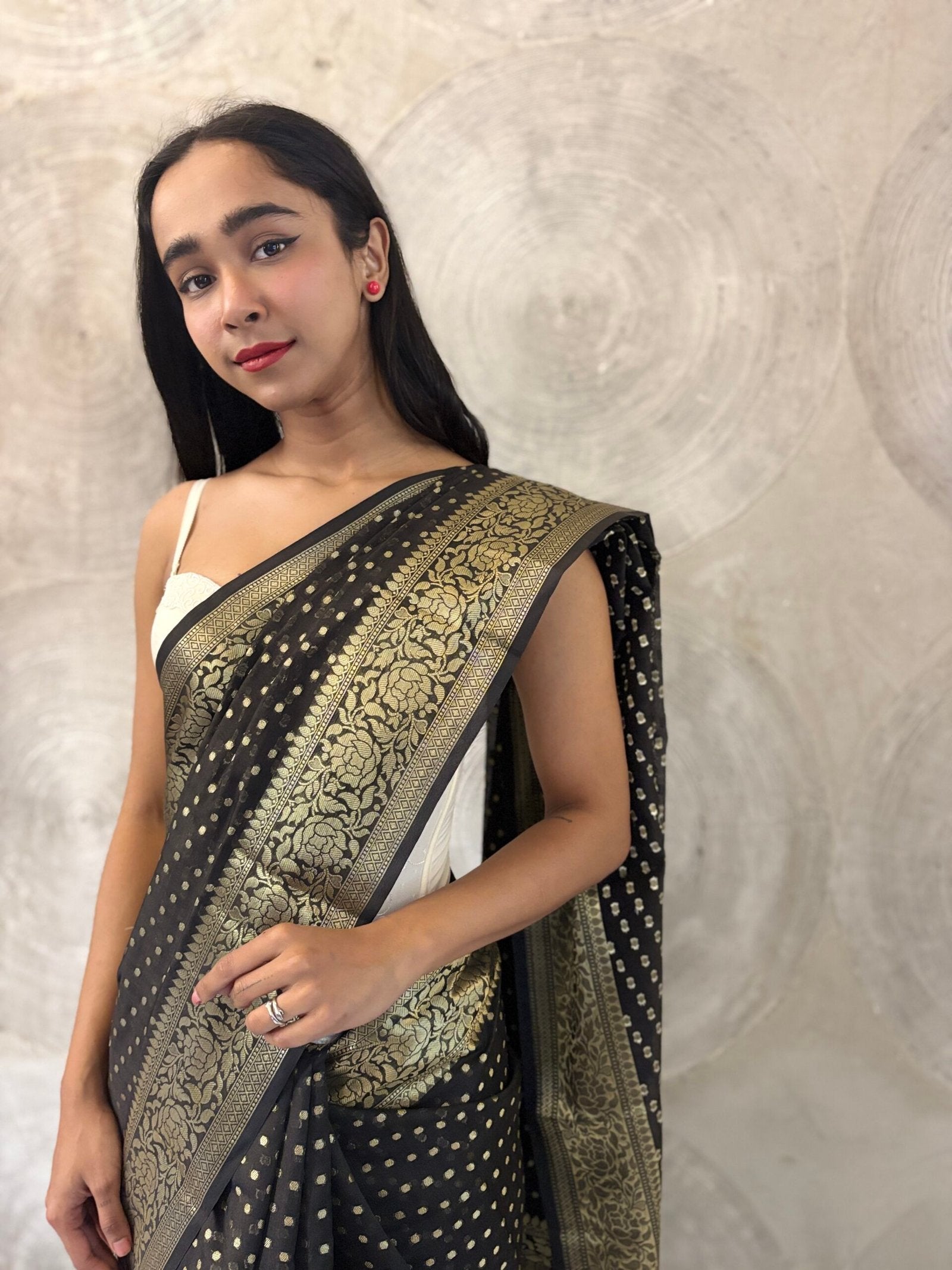 Black and Golden Hazar Buti Silk Sari