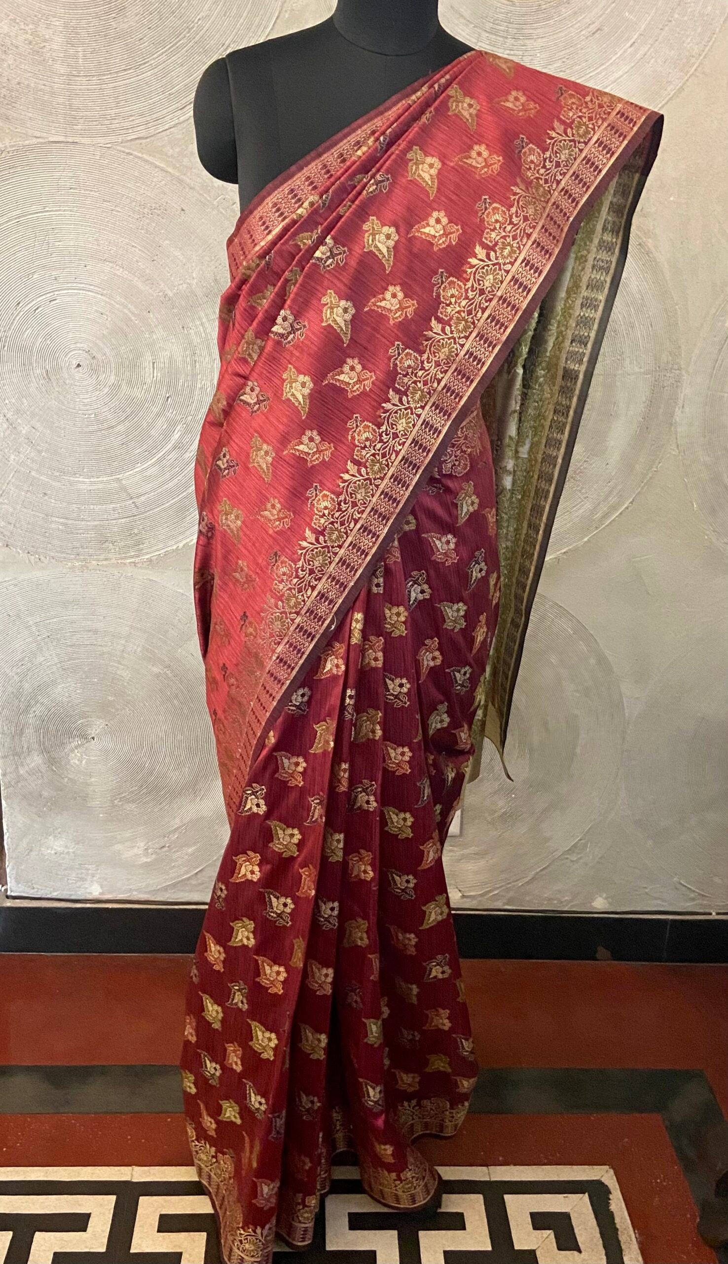 Silver Grey and Deep Rust Silk Sari with Floral Jali Weave