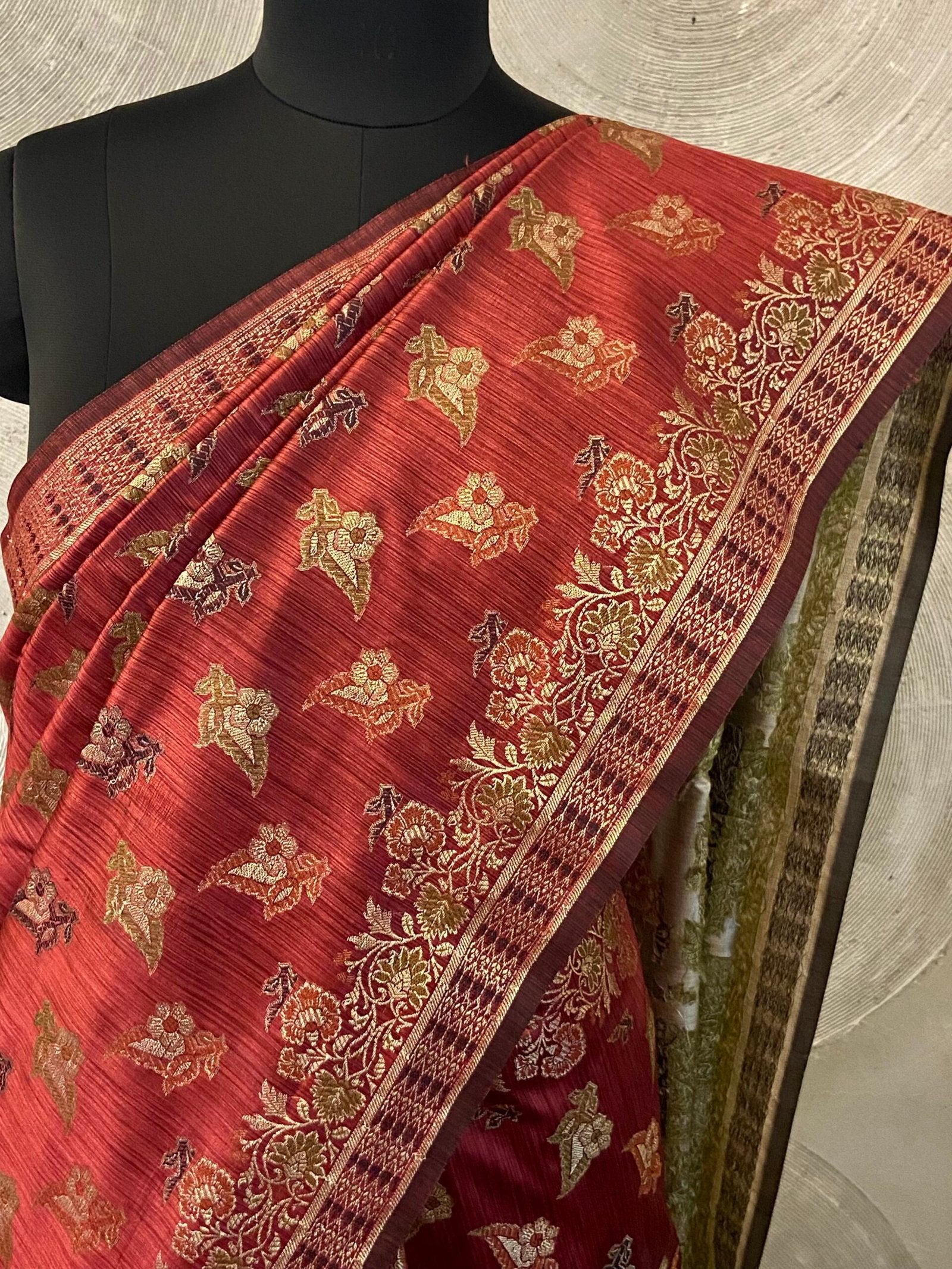 Silver Grey and Deep Rust Silk Sari with Floral Jali Weave