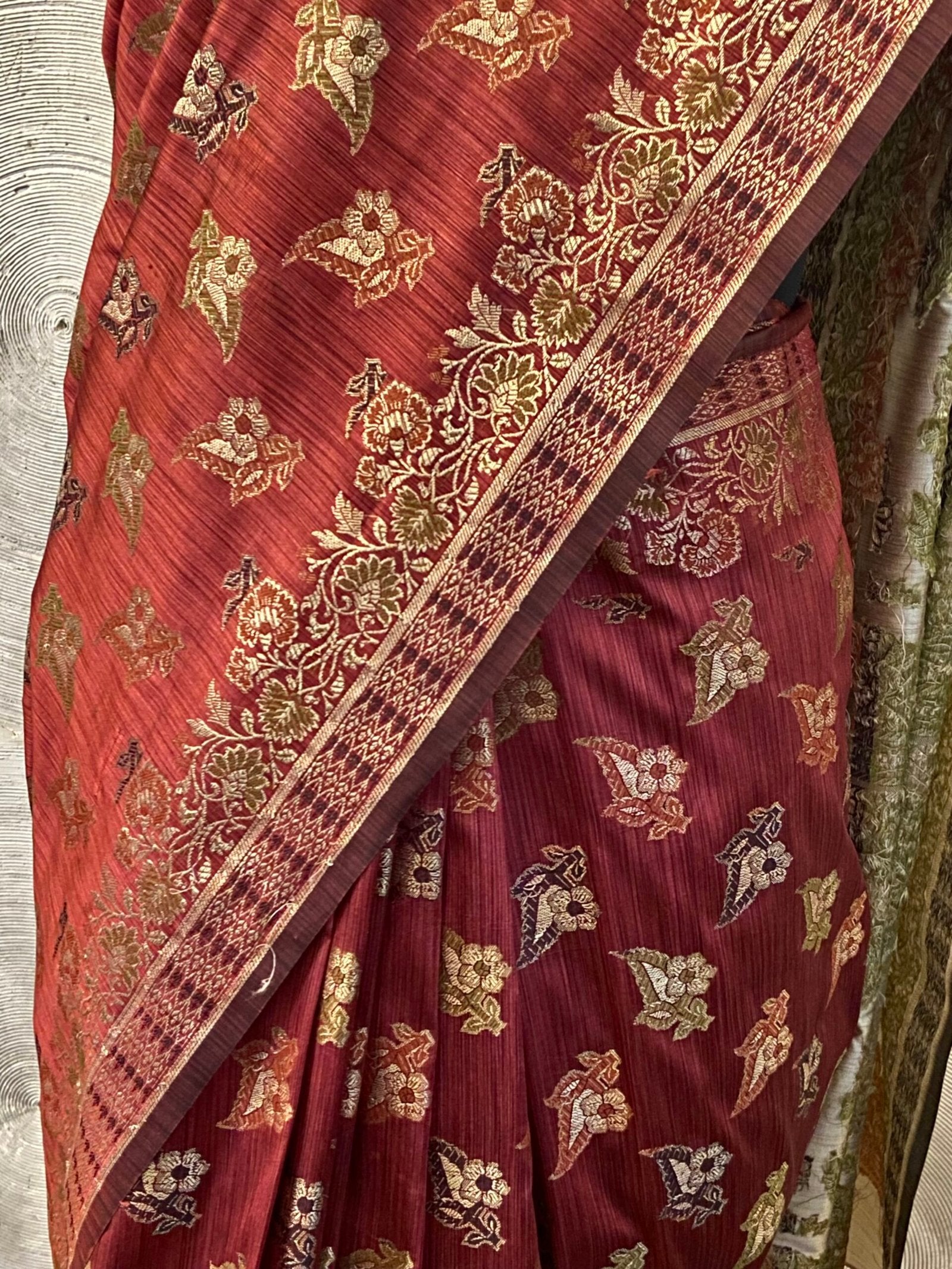 Silver Grey and Deep Rust Silk Sari with Floral Jali Weave