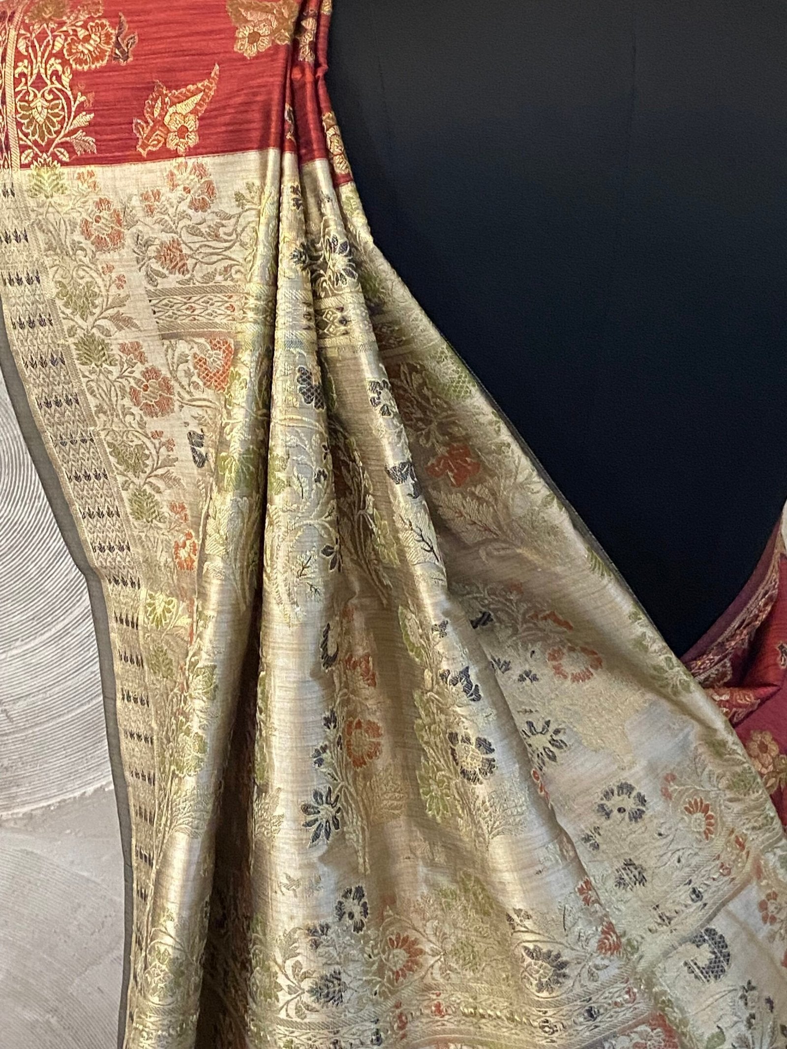 Silver Grey and Deep Rust Silk Sari with Floral Jali Weave