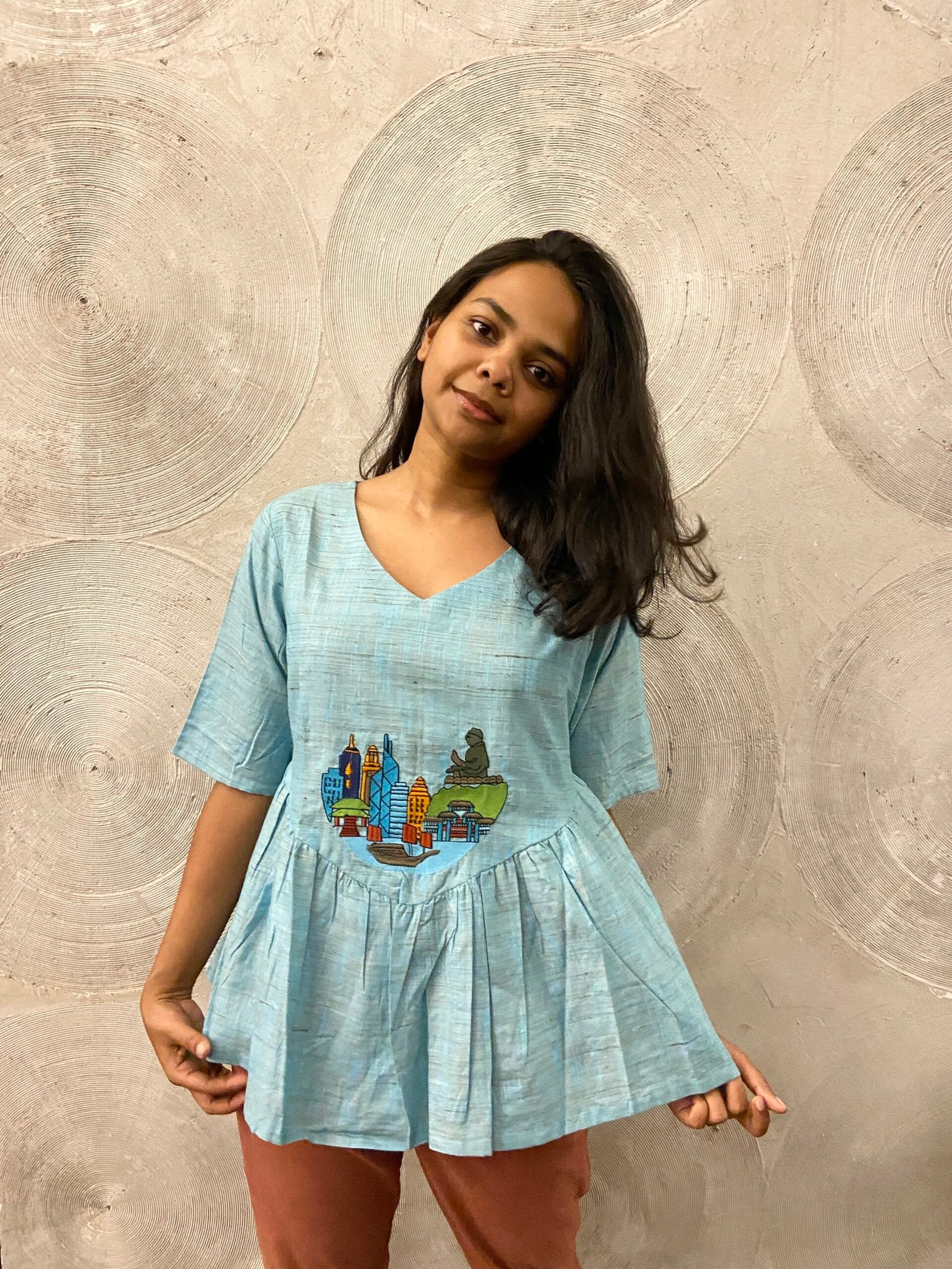 Light Blue A-Line Short Kurti with Embroidery