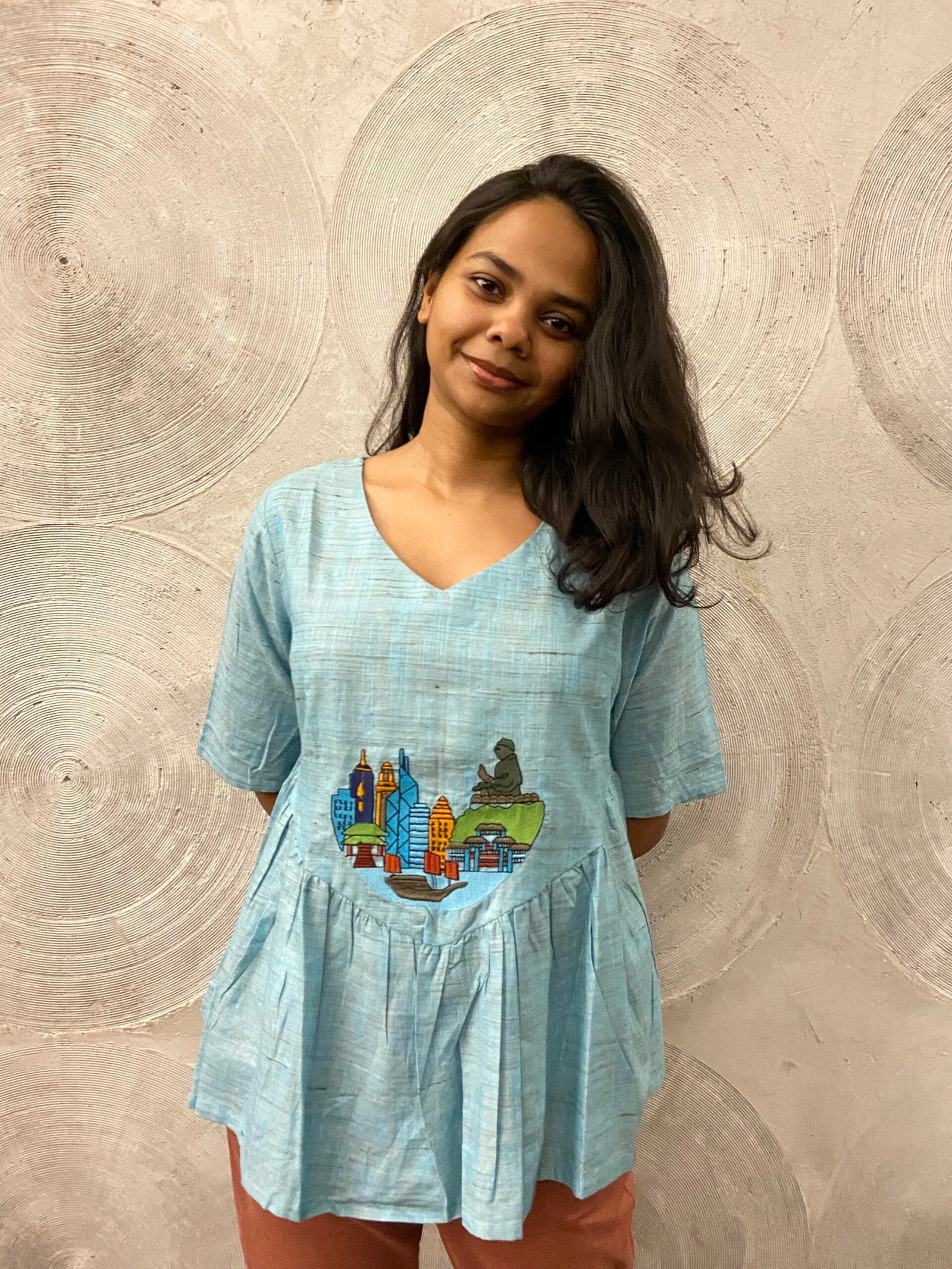 Light Blue A-Line Short Kurti with Embroidery