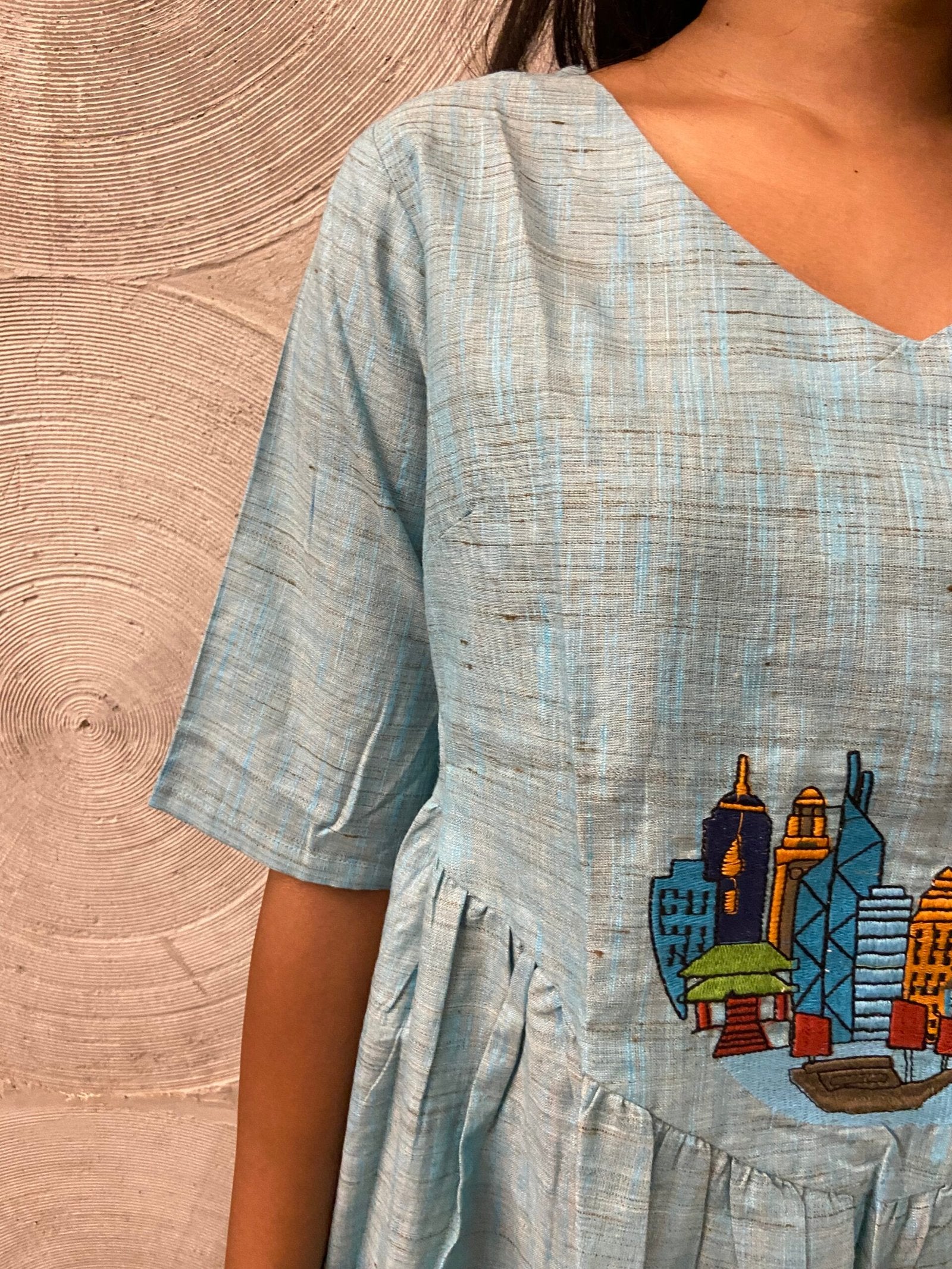 Light Blue A-Line Short Kurti with Embroidery