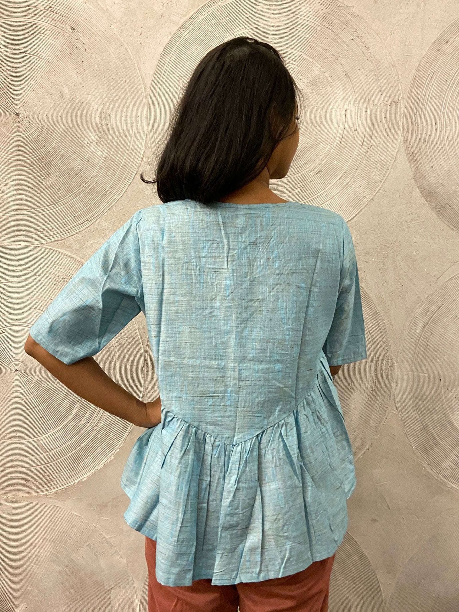 Light Blue A-Line Short Kurti with Embroidery