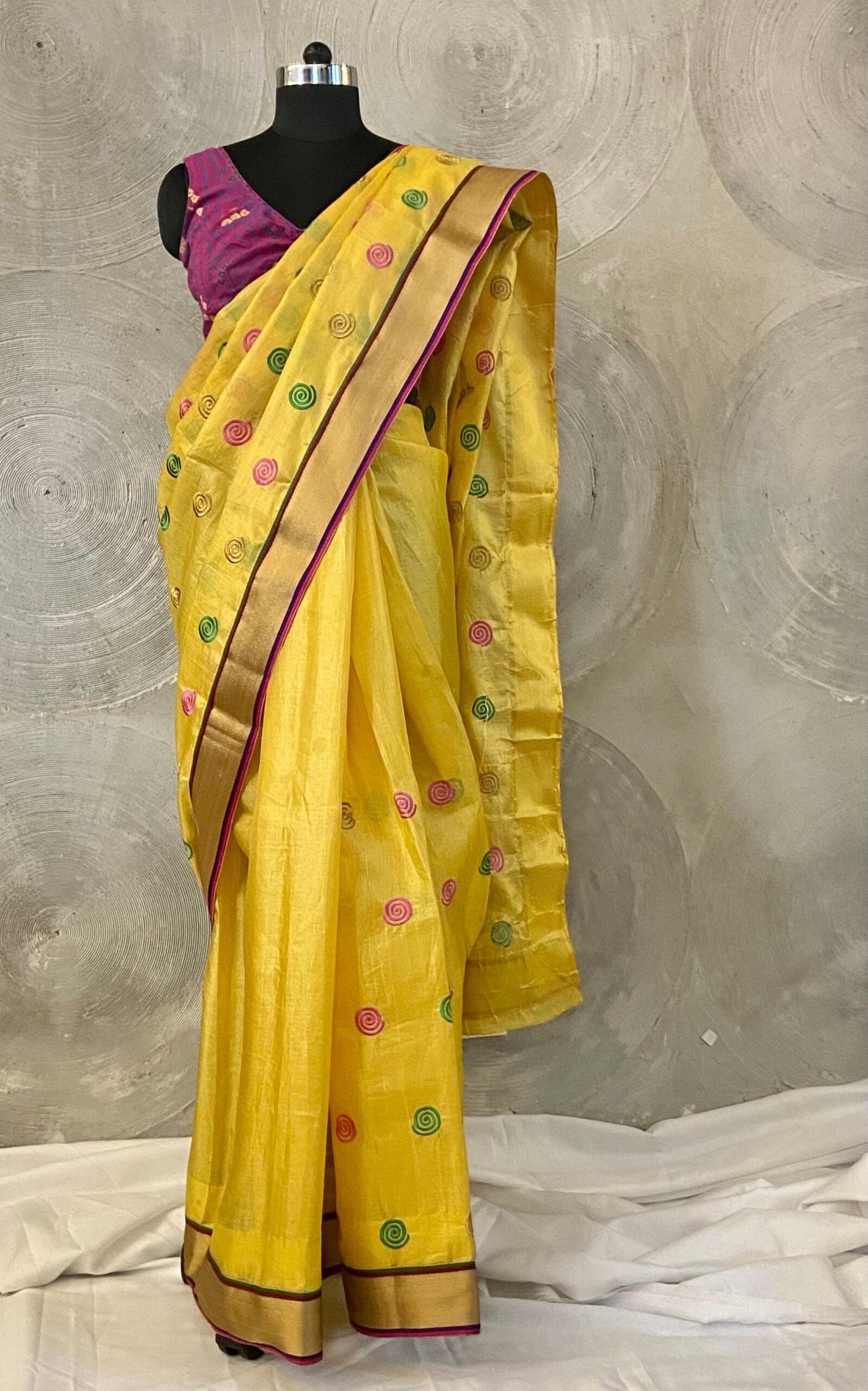 Yellow Art Silk Sari with Colourful Embroidery