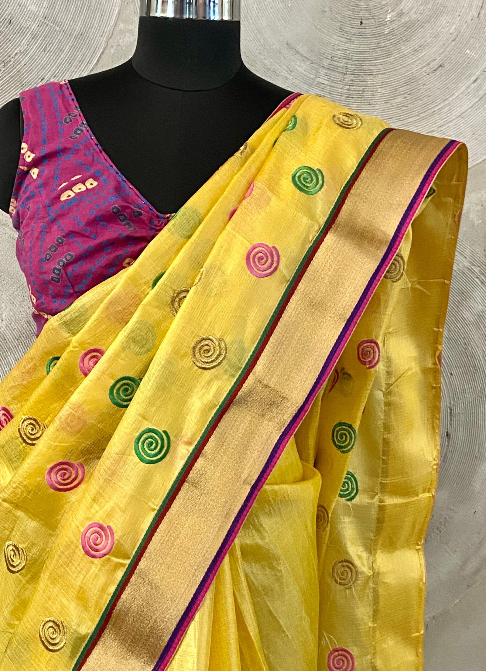 Yellow Art Silk Sari with Colourful Embroidery