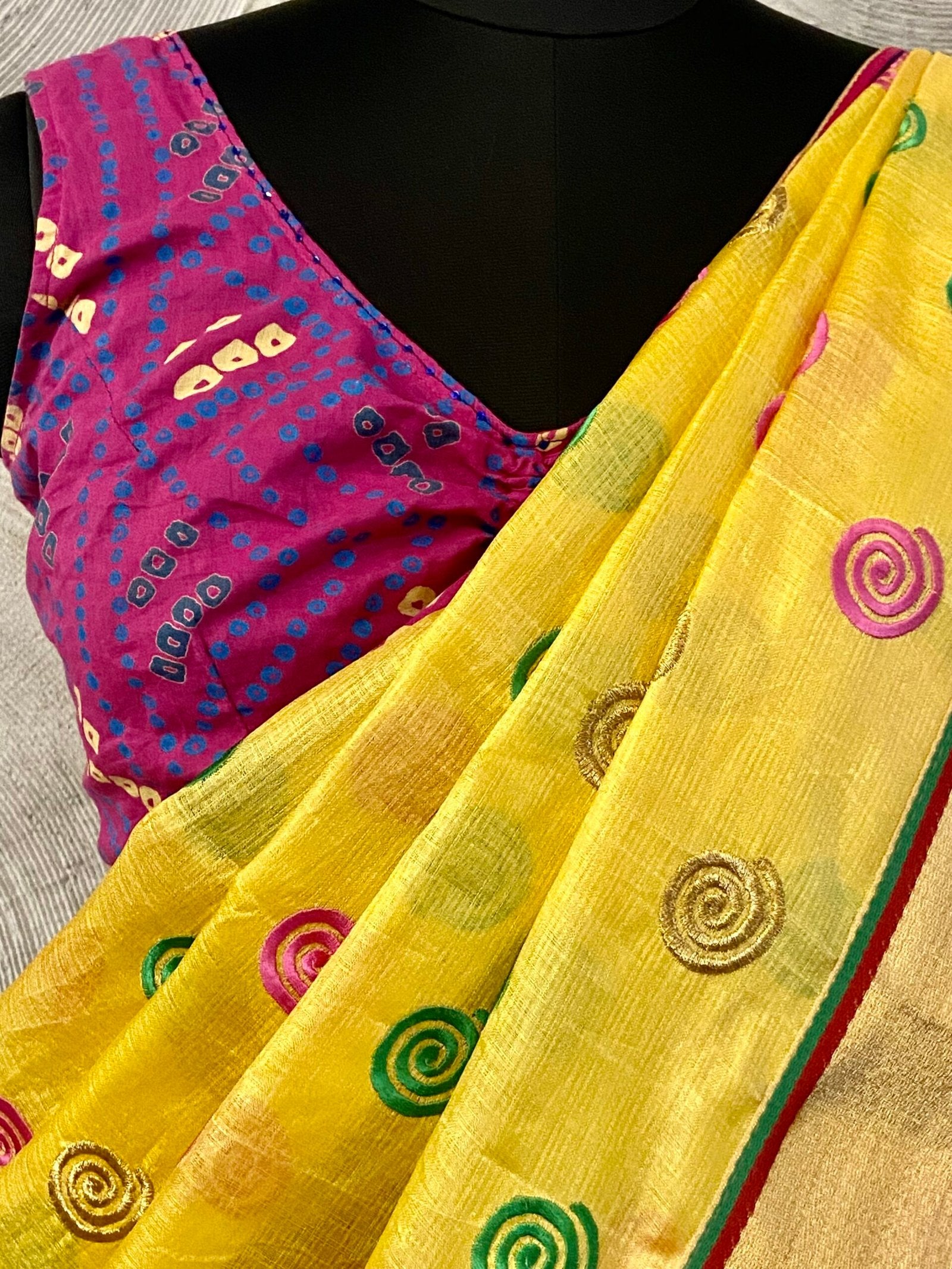 Yellow Art Silk Sari with Colourful Embroidery