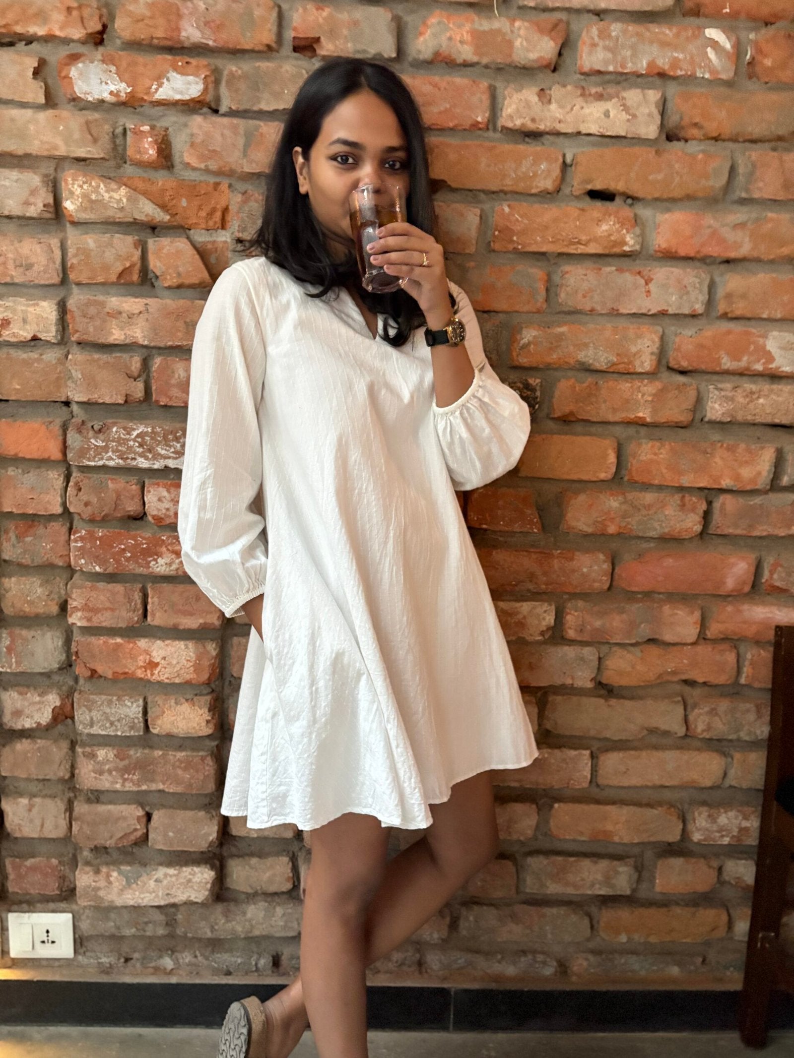 VANARAS - White Organic Cotton A-line Dress