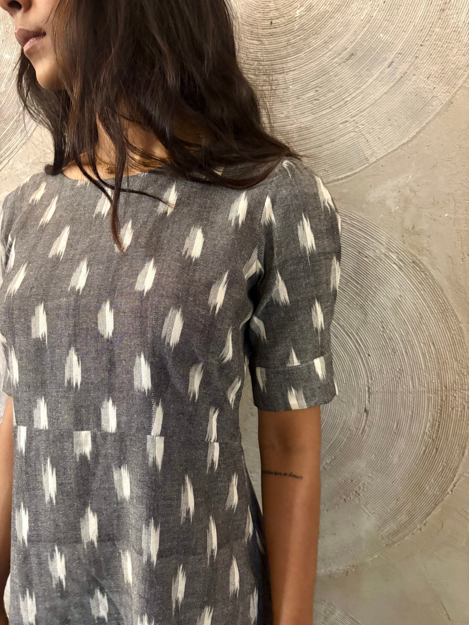 Grey and White Ikat Short Dress